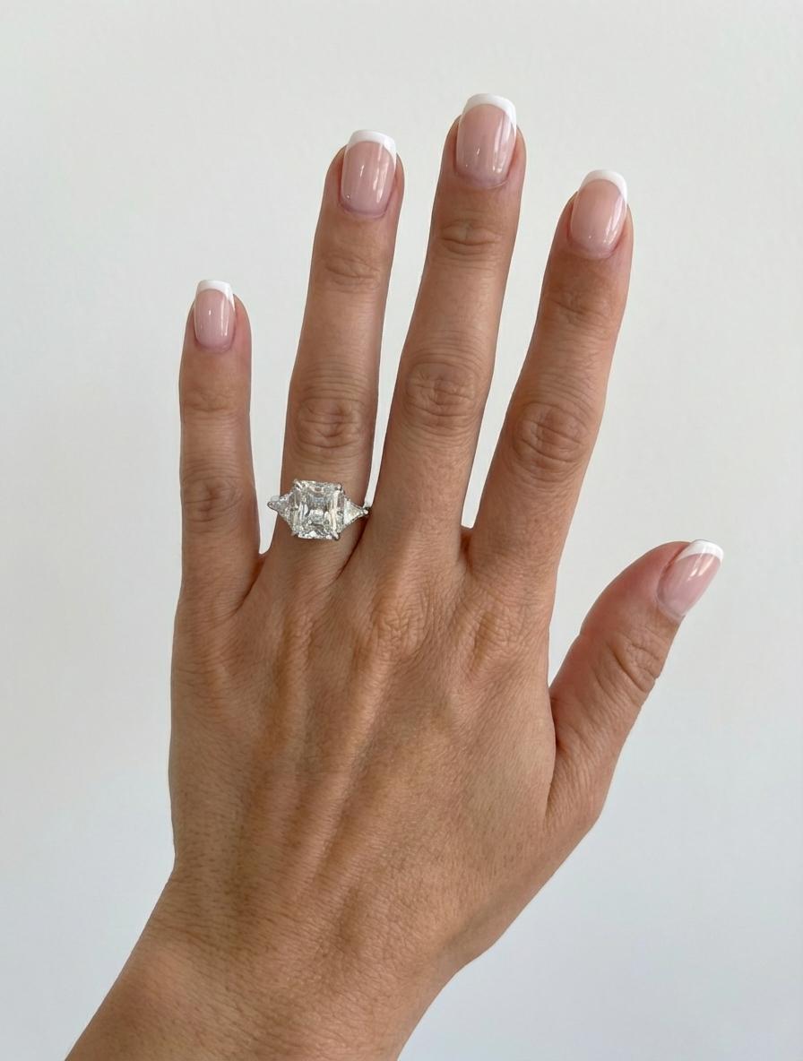 Bague de fiançailles intemporelle à trois pierres en platine de Cartier, mettant en valeur un superbe diamant central de taille radiant certifié par le GIA, pesant 3,40 carats, de couleur H et de pureté VVS1. Le diamant présente une brillance