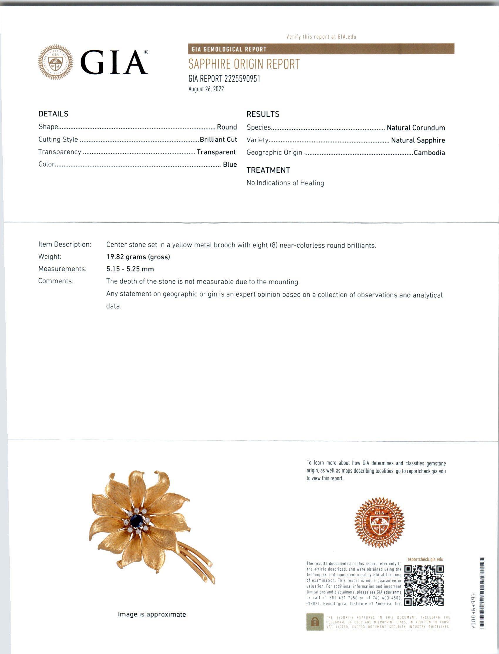 Cartier Gelbgold-Blumenbrosche, GIA-zertifizierter .60 Karat Saphir Diamant im Zustand „Gut“ im Angebot in Stamford, CT