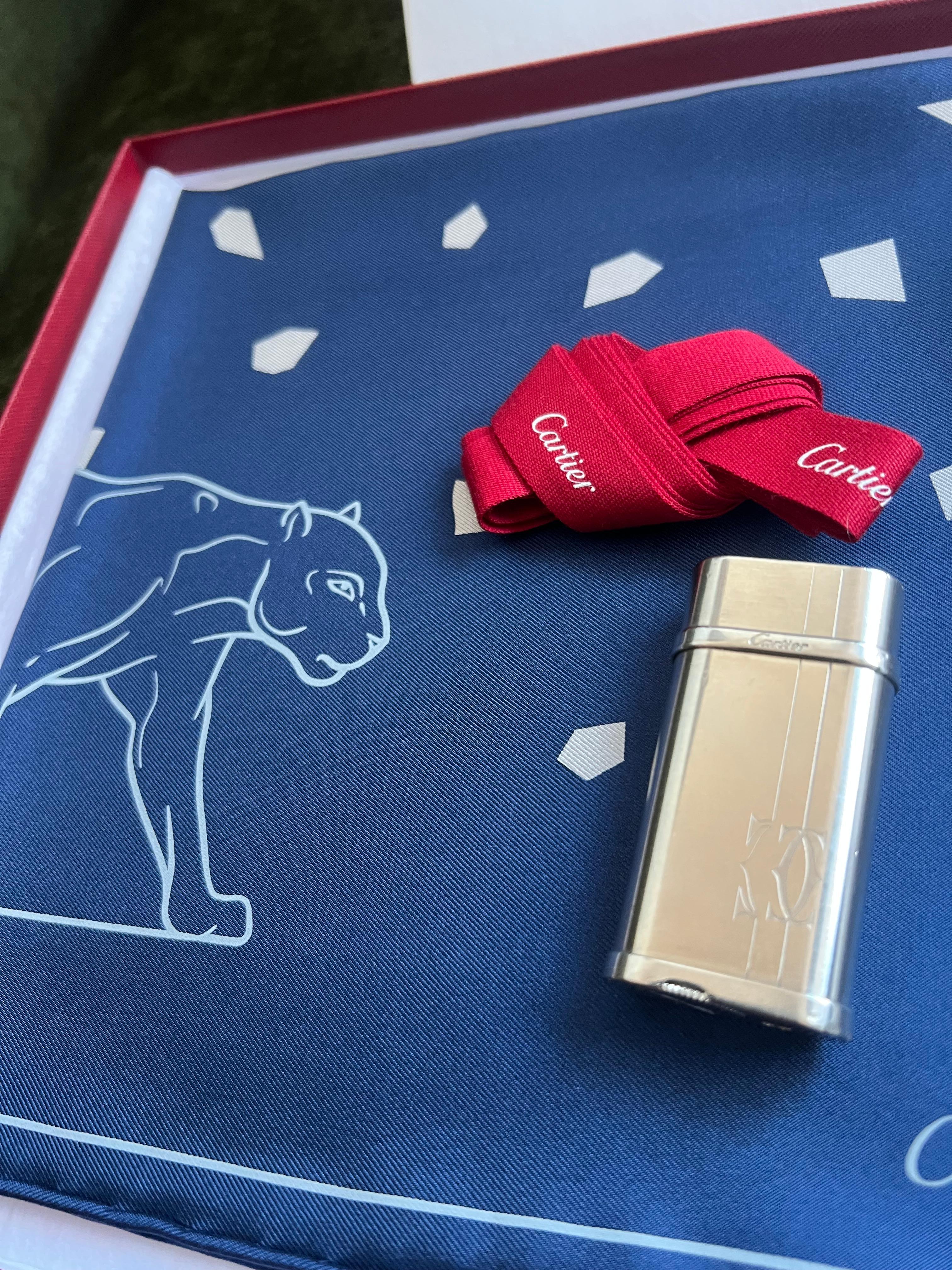 Art Deco Cartier Gift Set, Palladium Lighter & Cartier Silk Scarf Original Cartier Case
