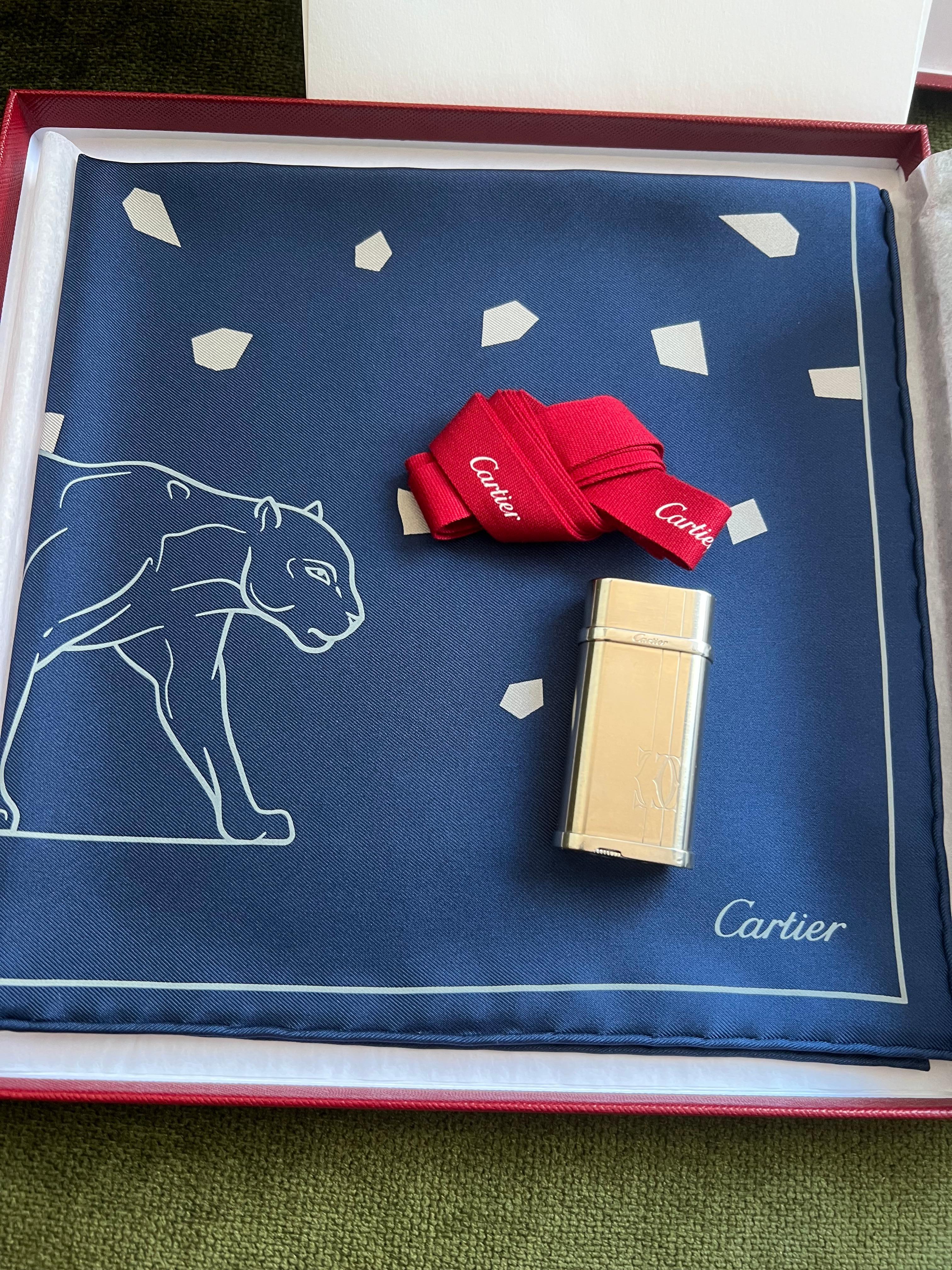 Cartier Gift Set, Palladium Lighter & Cartier Silk Scarf Original Cartier Case In Excellent Condition In New York, NY