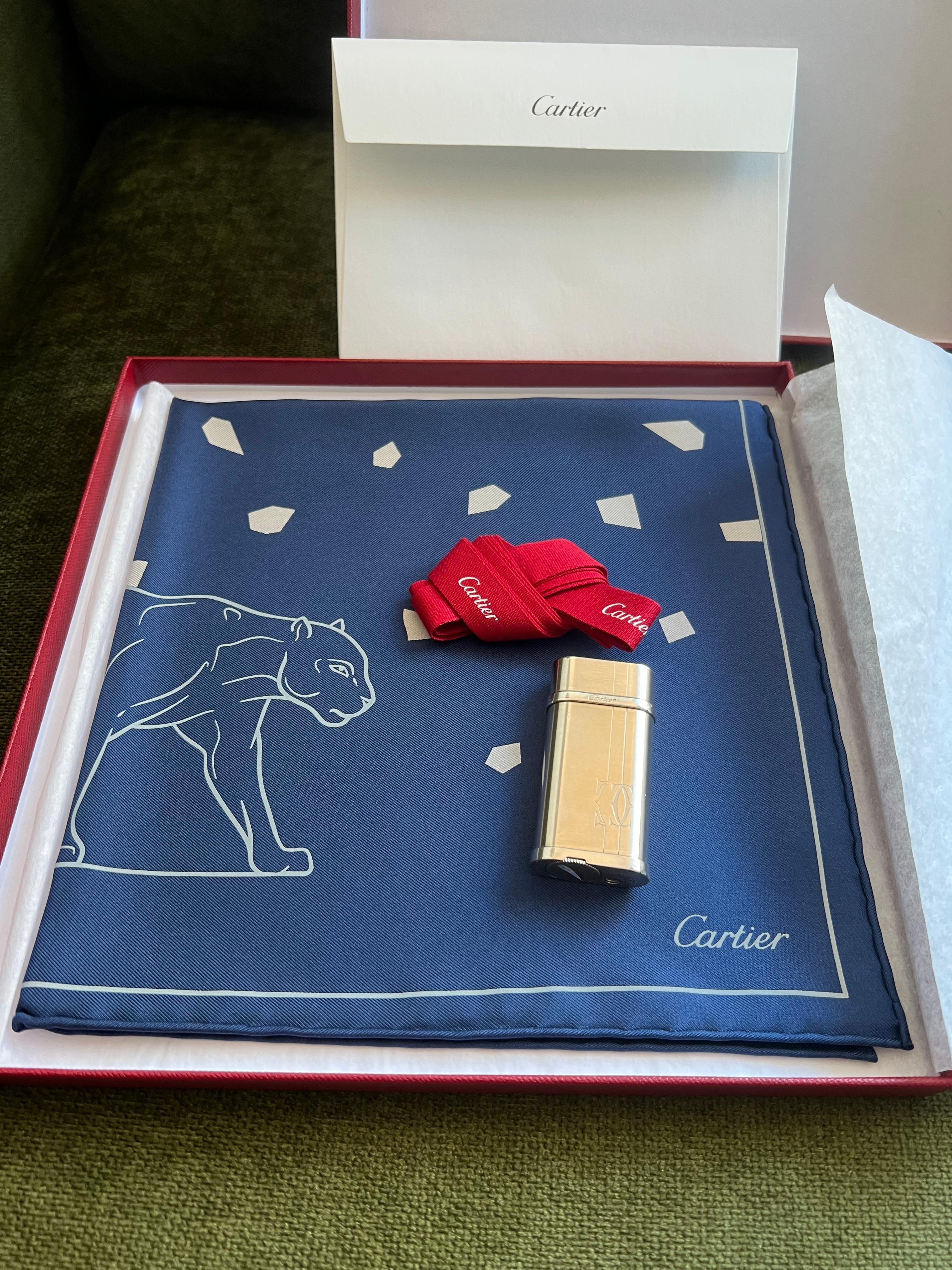 Women's or Men's Cartier Gift Set, Palladium Lighter & Cartier Silk Scarf Original Cartier Case
