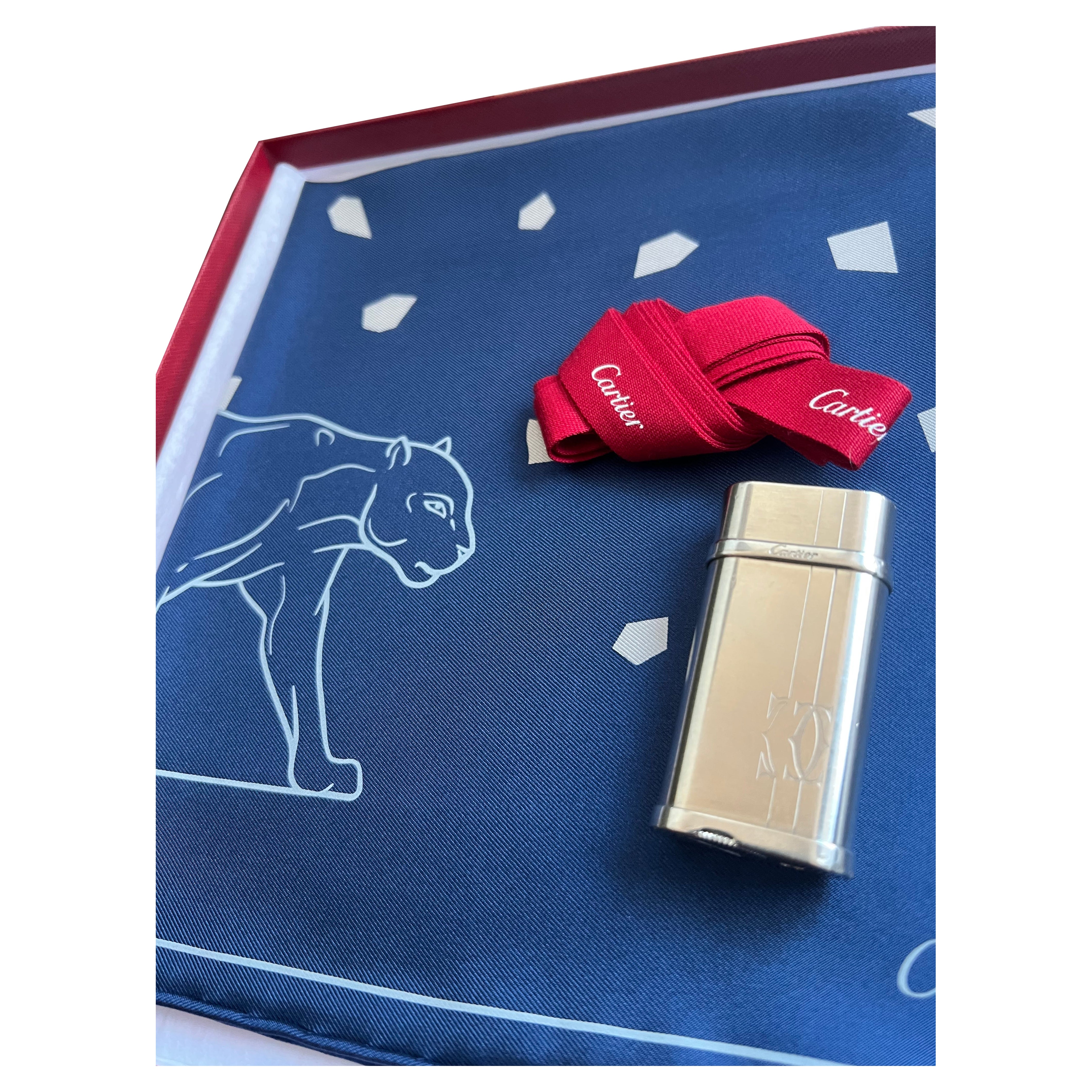 Cartier Gift Set, Palladium Lighter & Cartier Silk Scarf Original Cartier Case