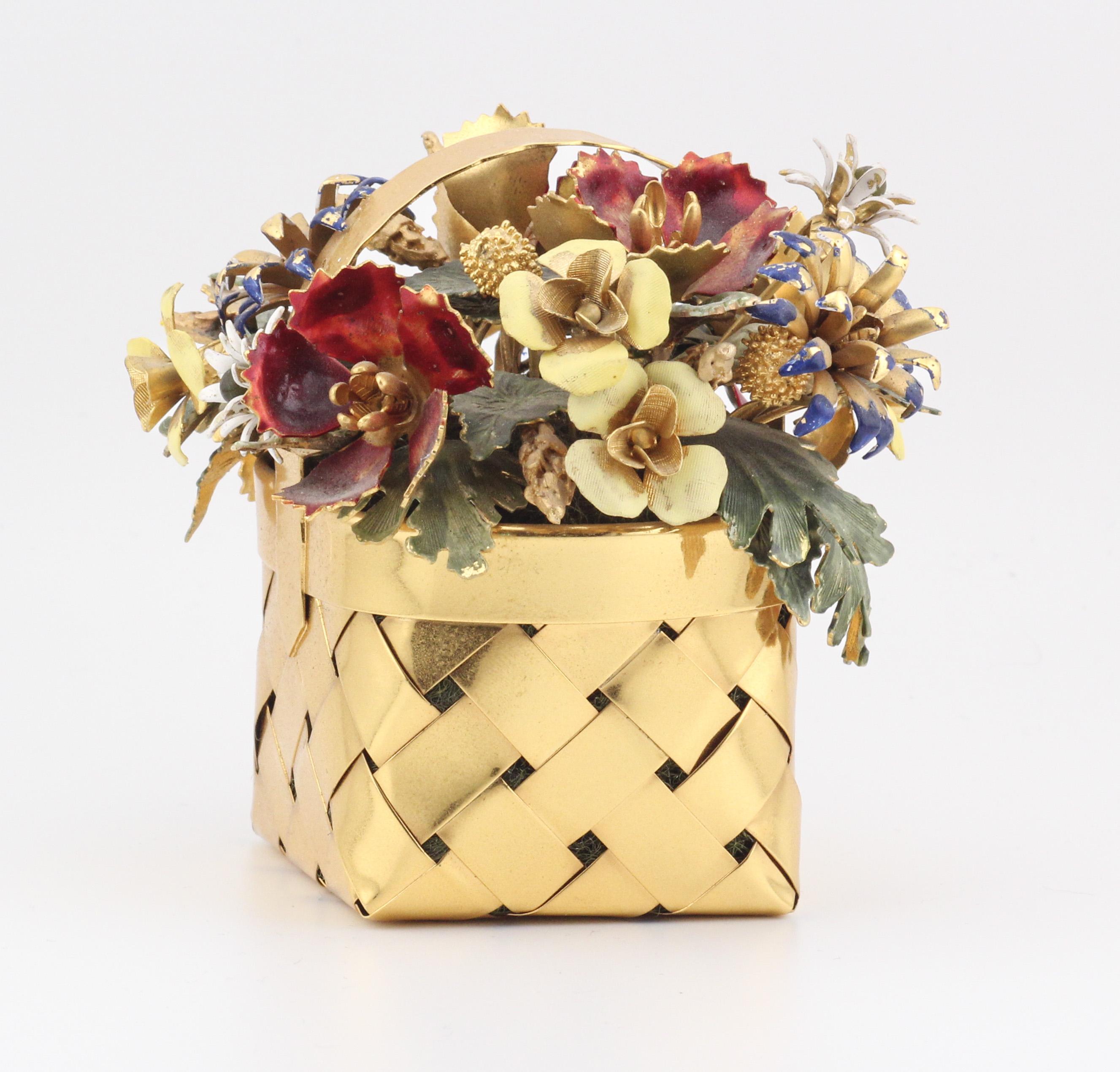 Cartier Gilt Silver Enamel Flower Basket In Good Condition In Simpsonville, SC