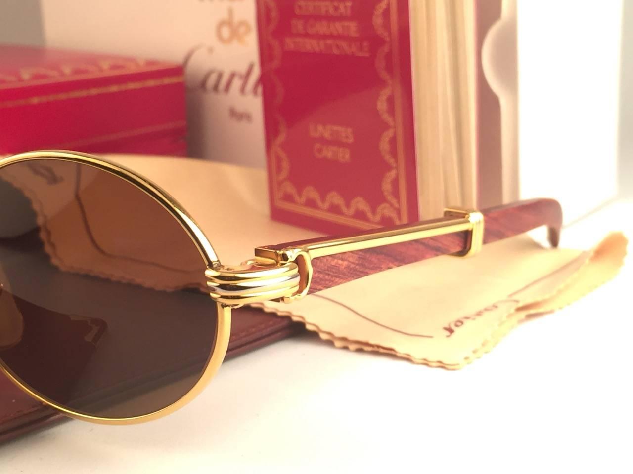 Women's or Men's Cartier Giverny New Gold and Wood 49/20 Full Set Brown Lens France Sunglasses
