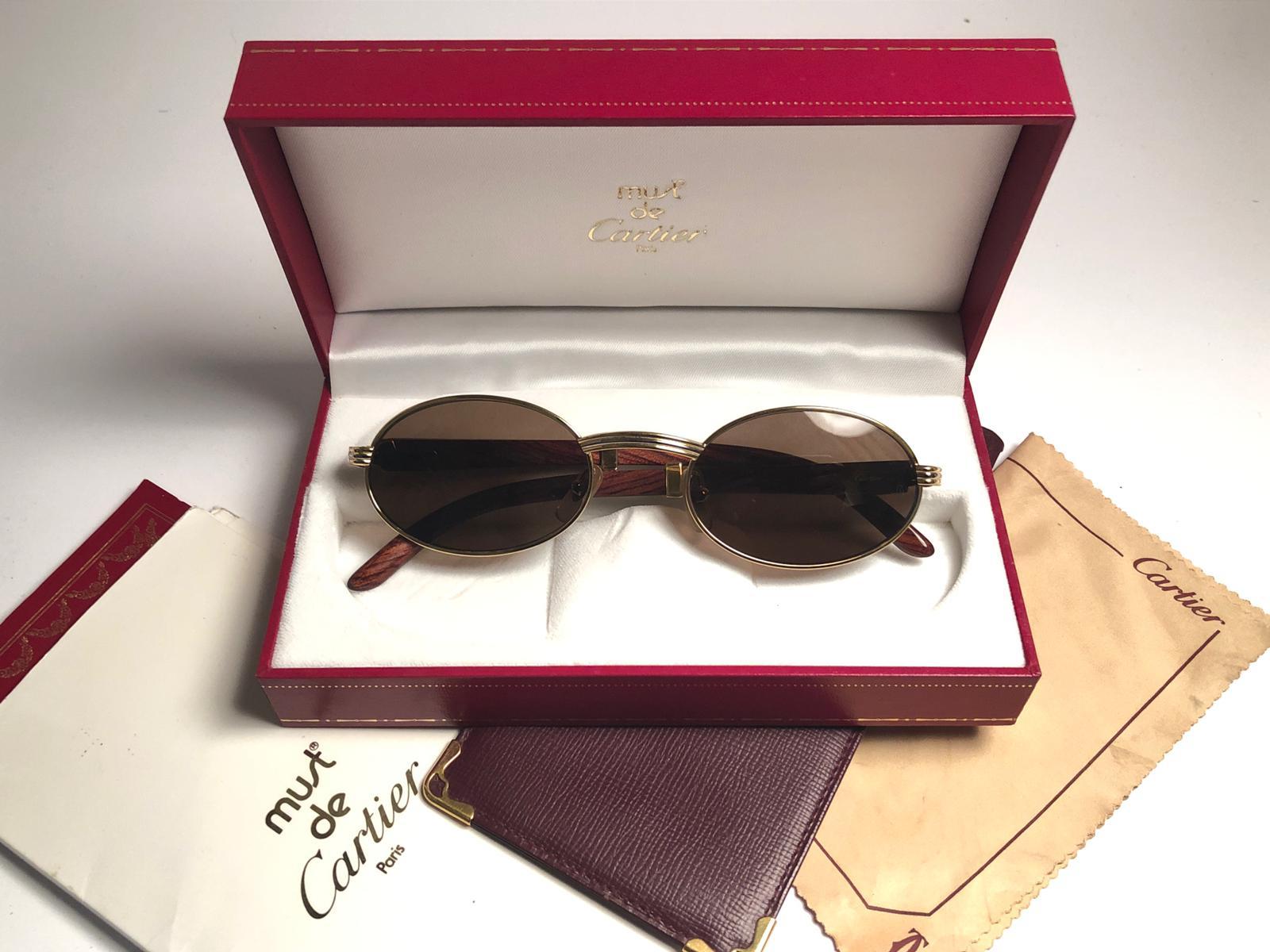 Cartier Sully New Gold and Wood 53/22 Full Set Brown Lens France Sunglasses