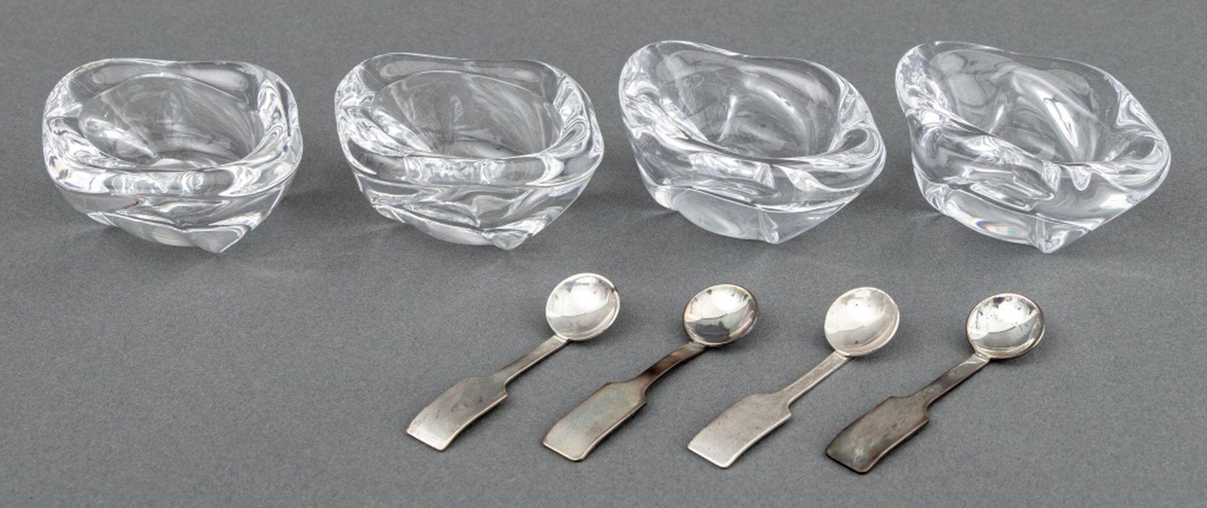 Four Sets of Cartier Glass Open Salt Cellars and Sterling Spoons, glass marked 