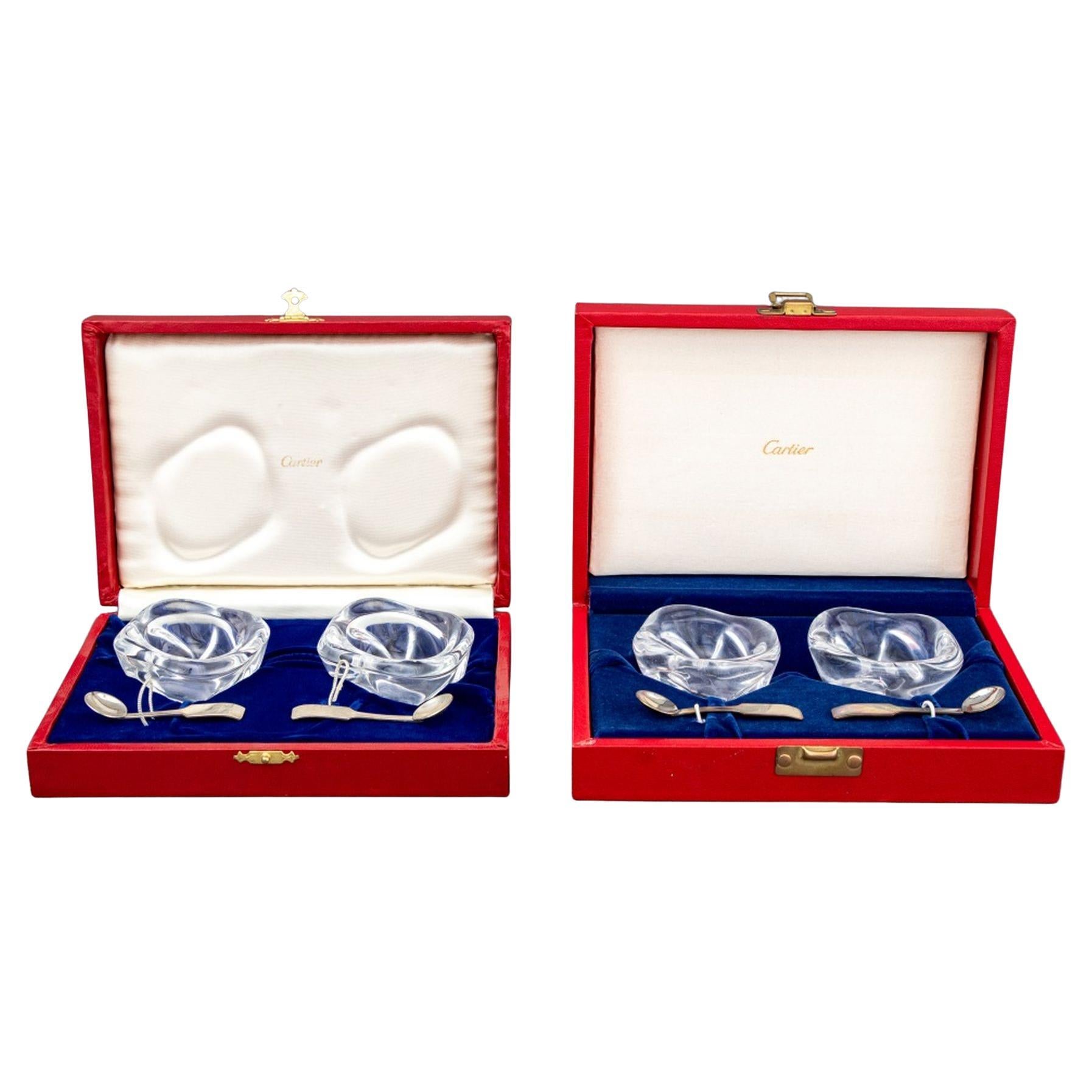 Cartier Glass Open Salt Cellar & Sterling Spoon, 8 For Sale