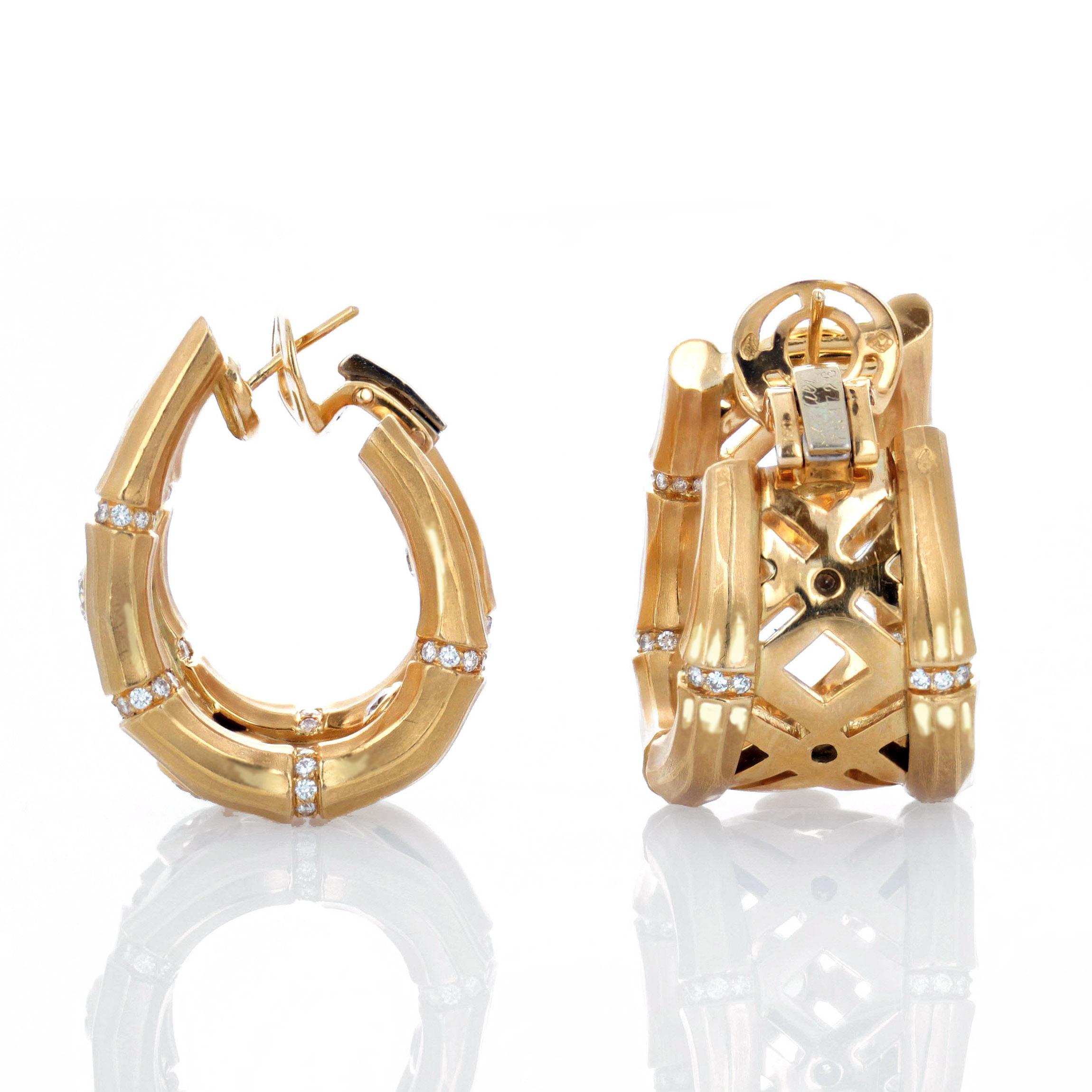 Modern Cartier French Diamond Gold Bamboo Hoop Earrings