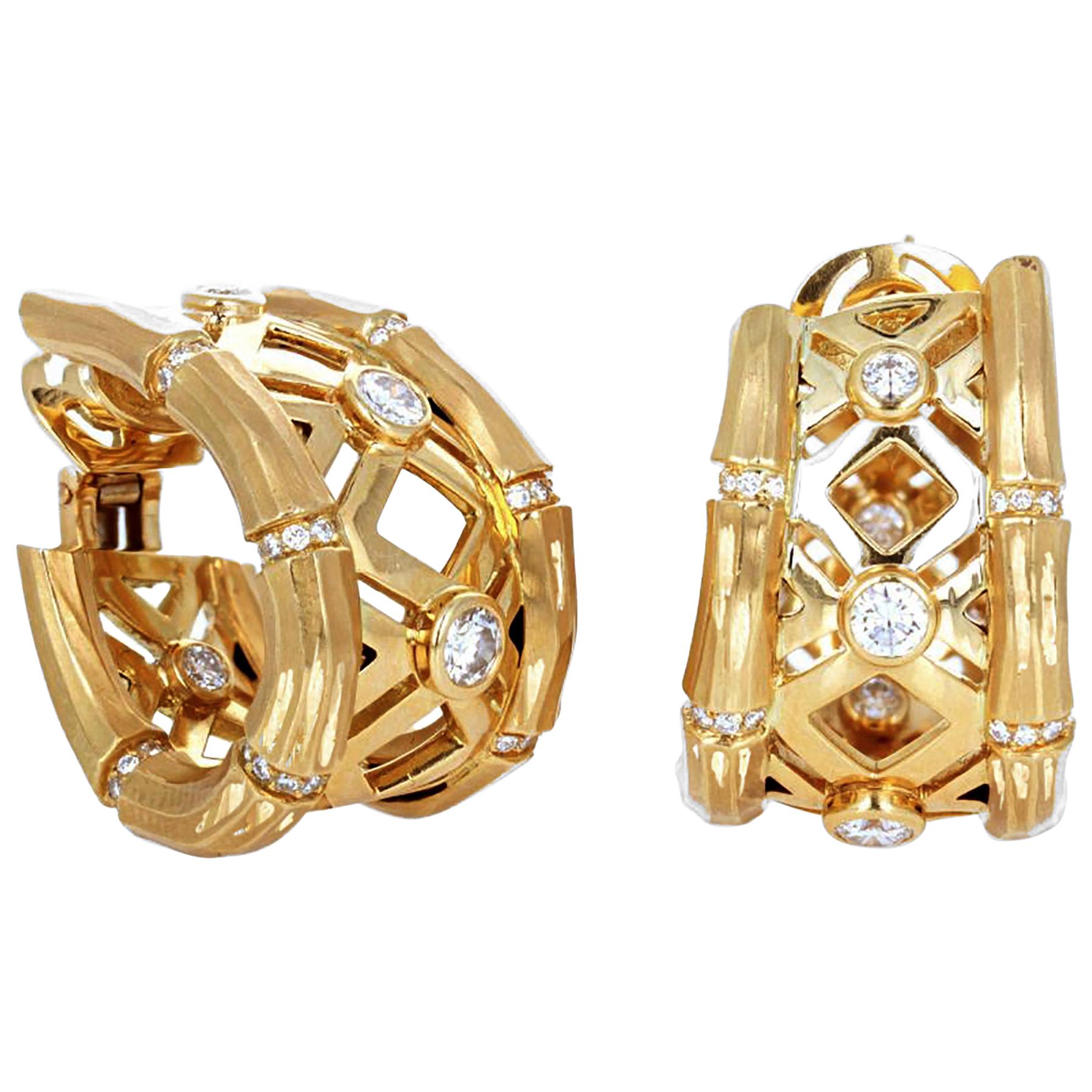 Cartier French Diamond Gold Bamboo Hoop Earrings