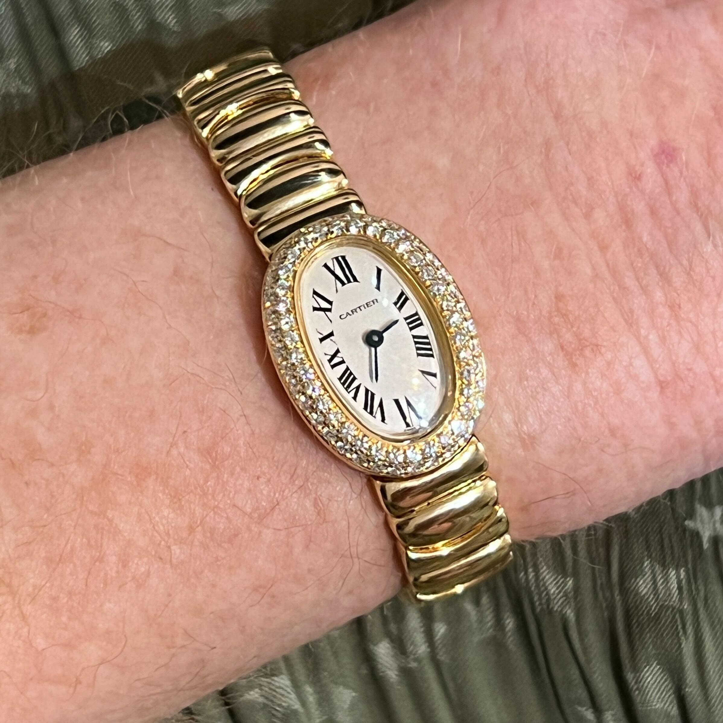 Cartier Gold- und Diamant-Baignoire-Uhr im Zustand „Hervorragend“ in New York, NY