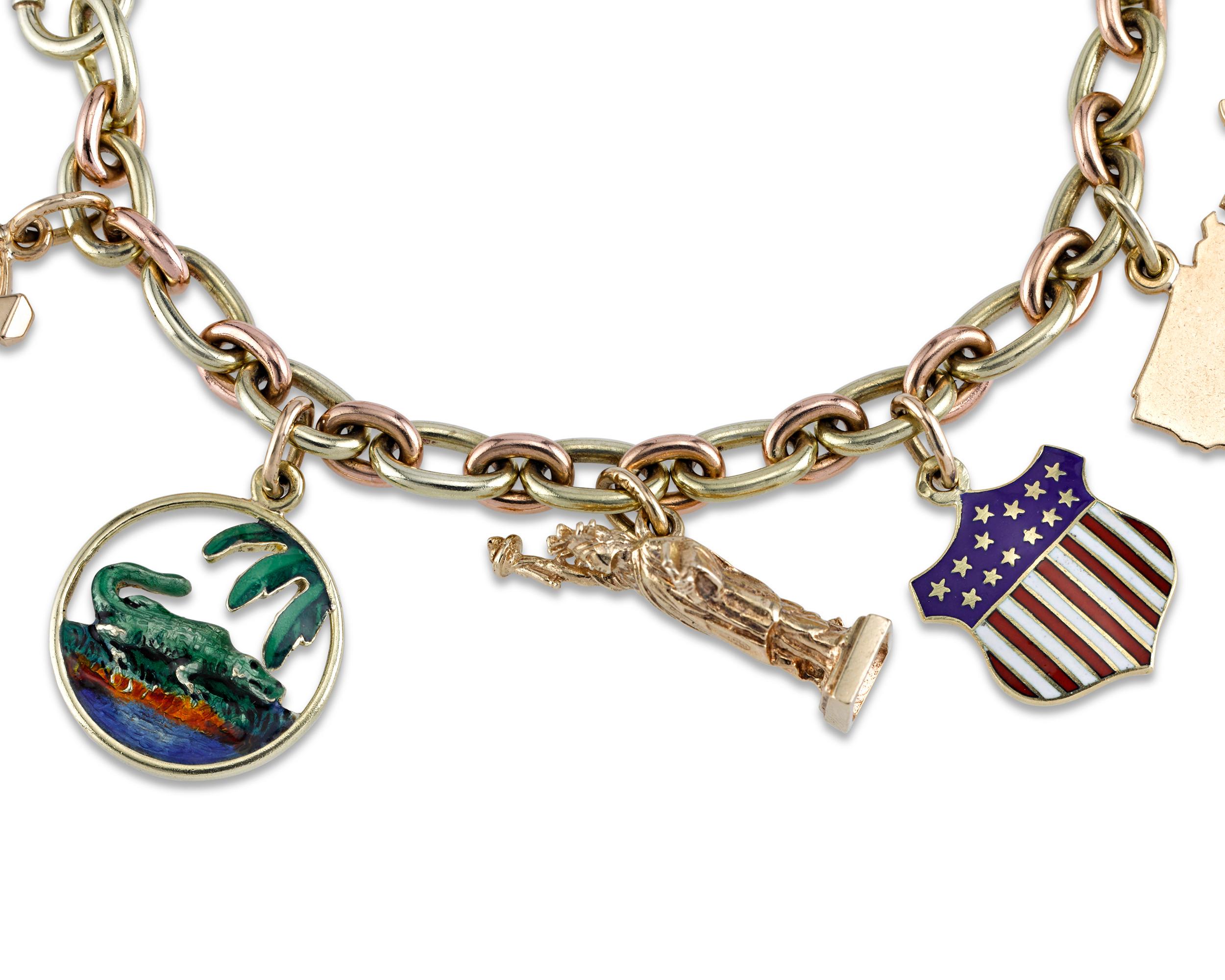 Clearly assembled by a proud American, this one-of-a-kind Cartier charm bracelet features 10 beautiful and imaginative charms. The cigarettes and matchbook have movable components, and the globe bears the initials of the American Expeditionary