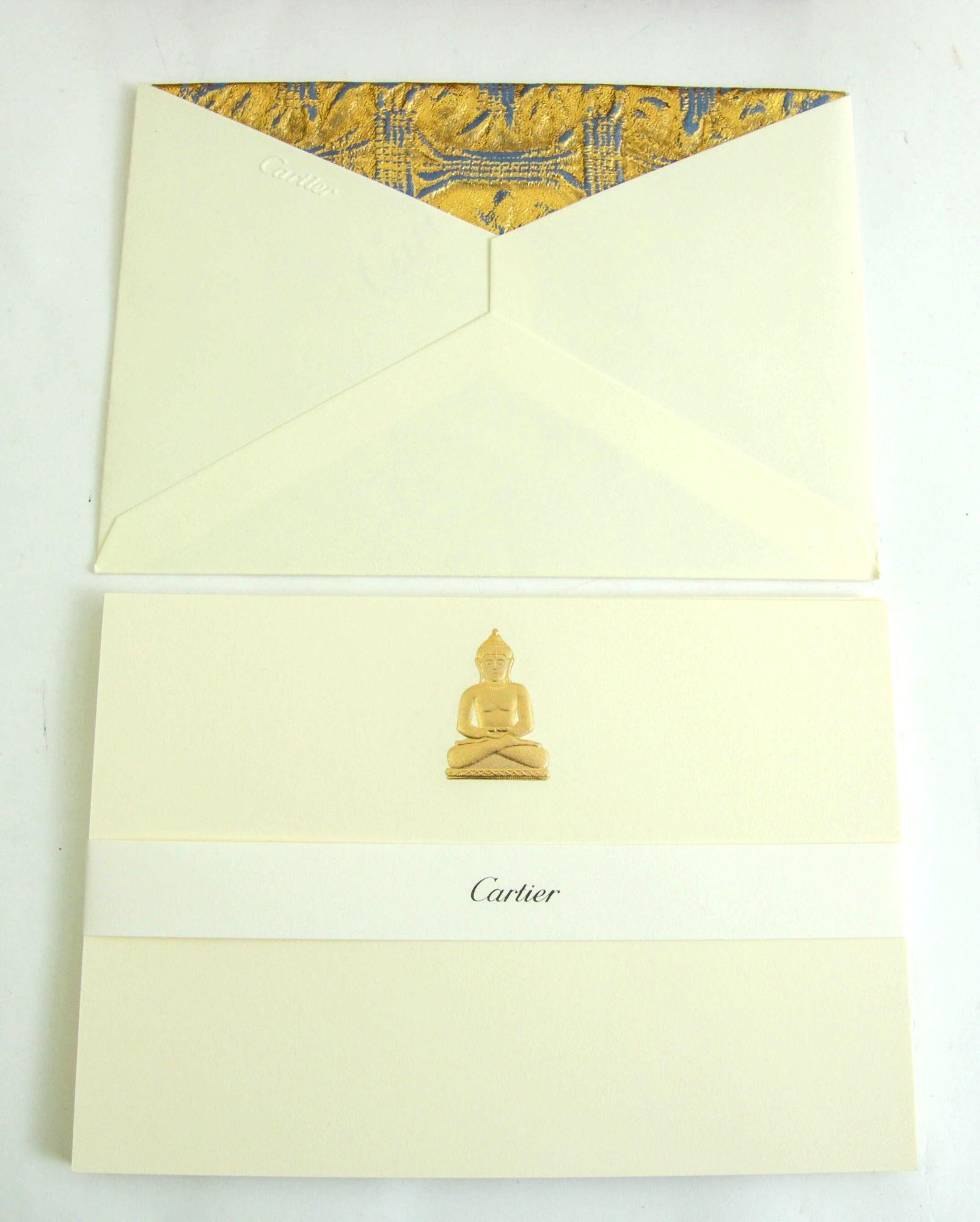 Set di biglietti e buste con amuleto di Buddha in oro di Cartier in una scatola di lusso per la cancelleria da scrivania In condizioni buone in vendita a North Hollywood, CA