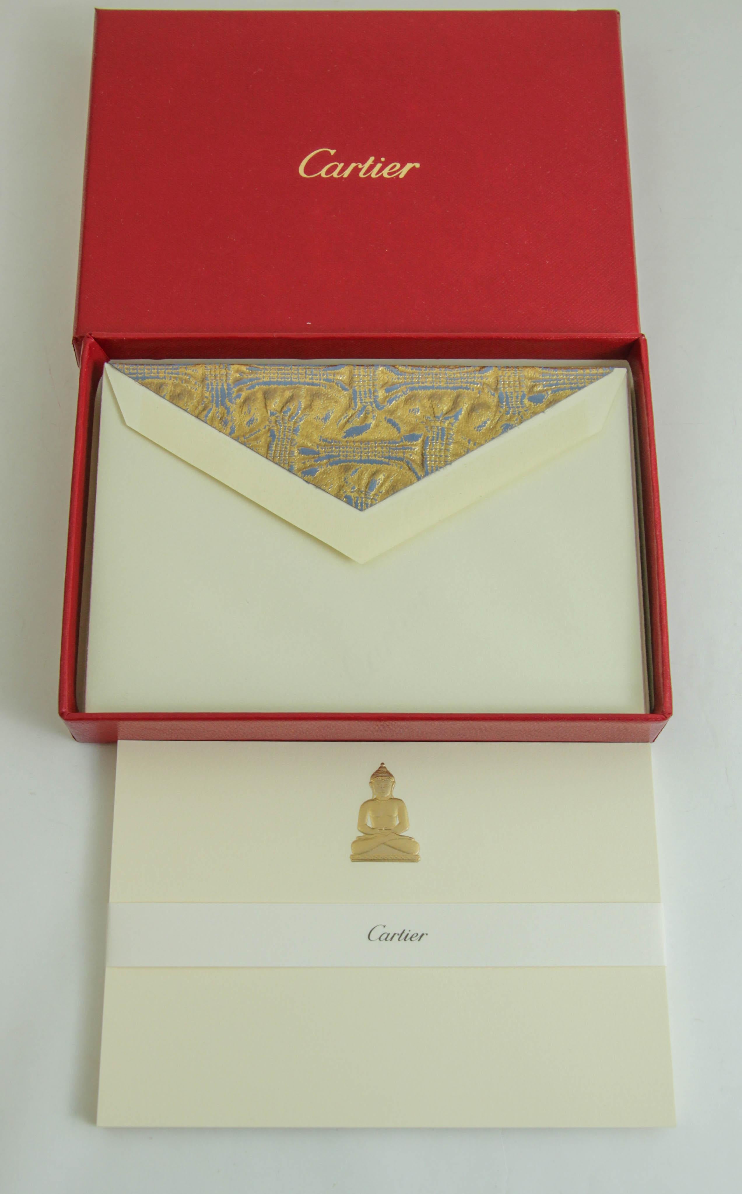 Cartier Gold Buddha Amulet Luxury Desk Stationery Card and Envelope Set in Box In Good Condition For Sale In North Hollywood, CA