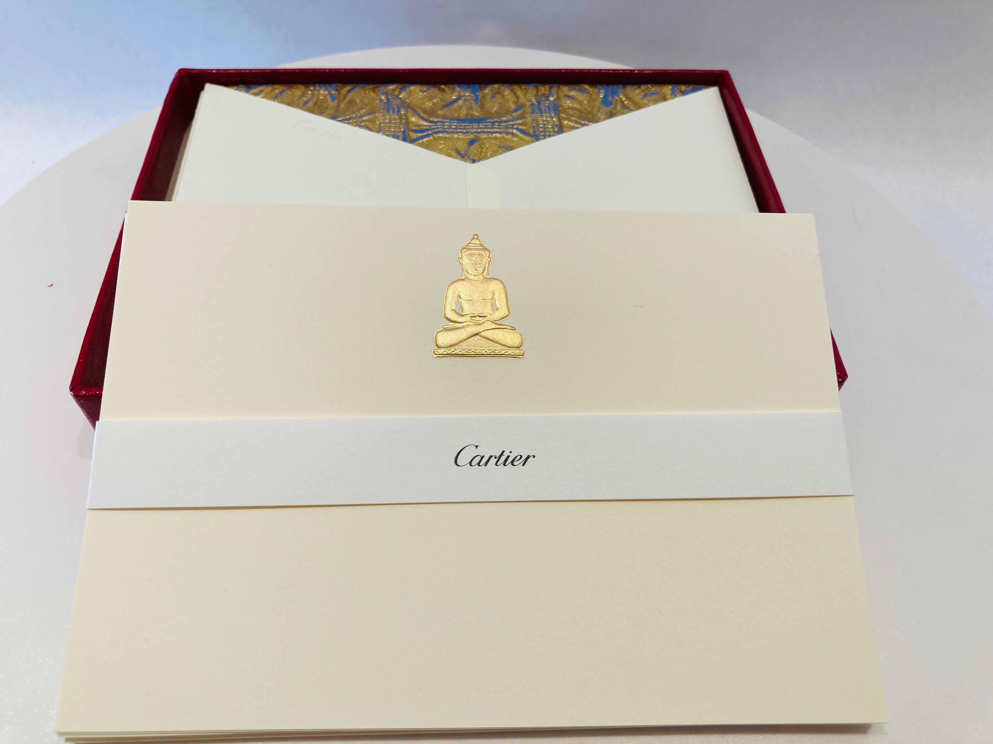 Women's or Men's Cartier Gold Buddha Amulet Luxury Desk Stationery Card and Envelope Set in Box For Sale