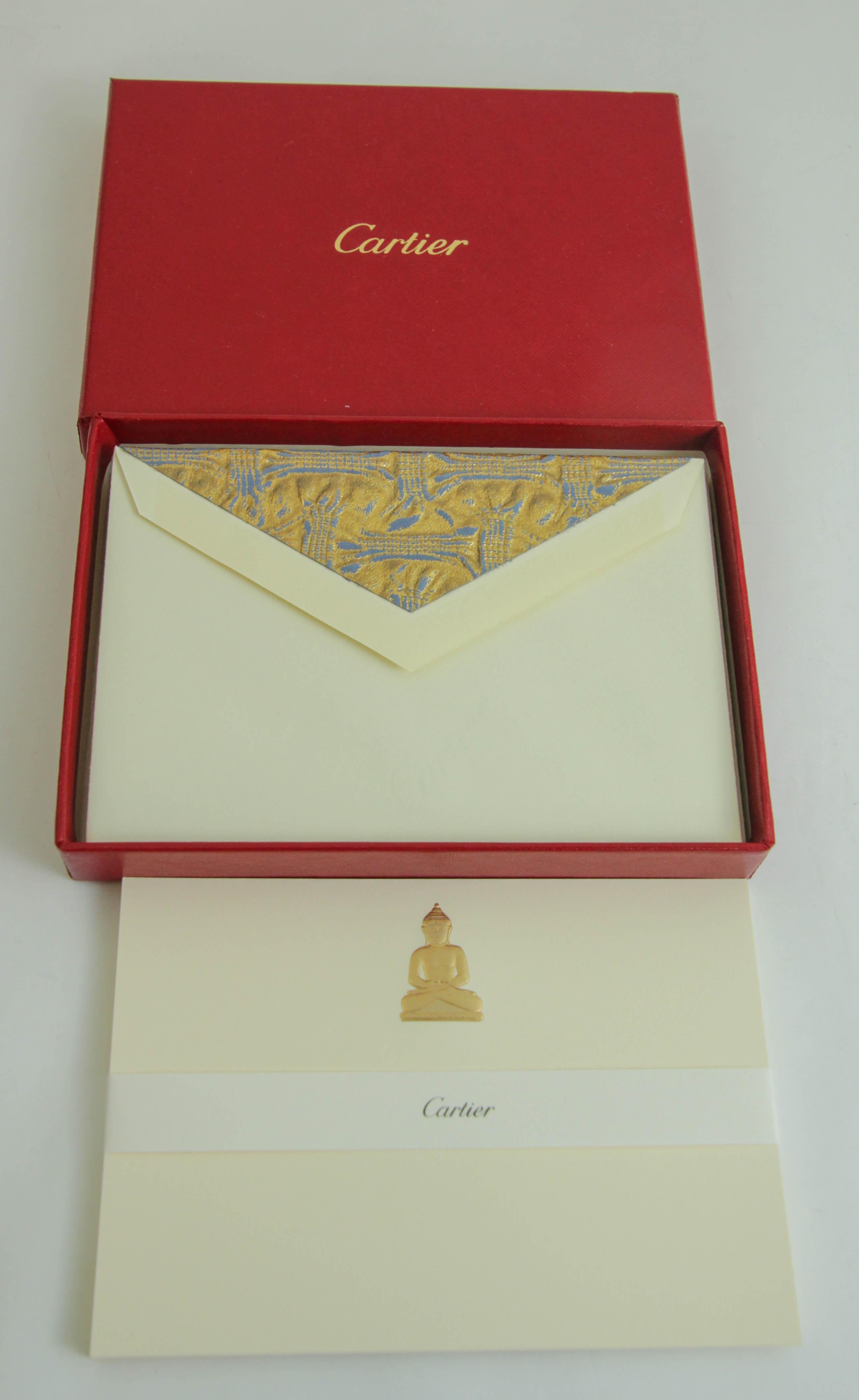 Cartier Gold Buddha Amulet Luxury Desk Stationery Card and Envelope Set in Box For Sale 2