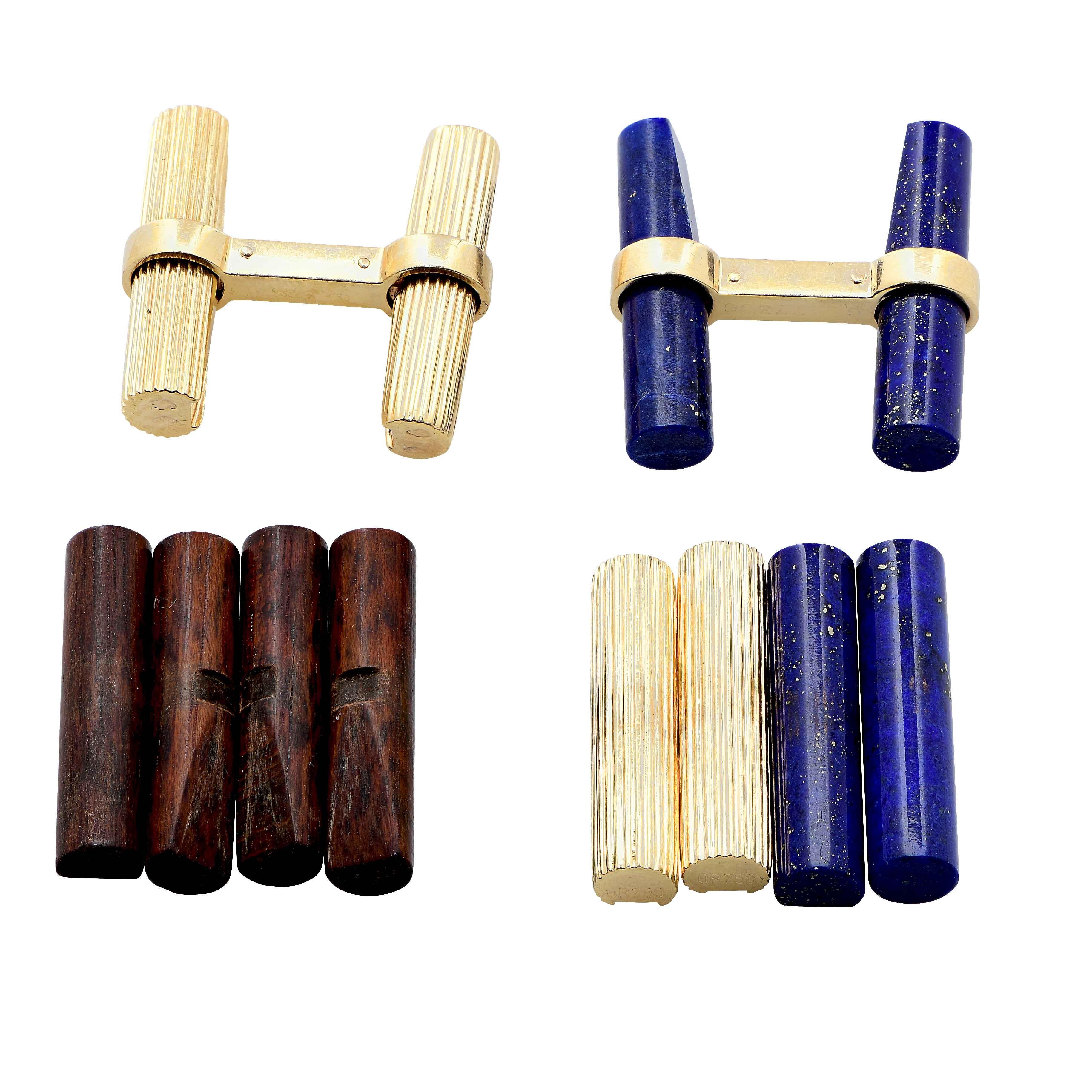 Vintage Cartier Cufflinks with interchangeable Lapis Lazuli and Wood Batons. Circa 1960's
French Assay marks and Cartier Signature, Pouch for batons included.
Metal Type: 18 Karat Yellow Gold 
Metal Weight: 15.2 Grams
