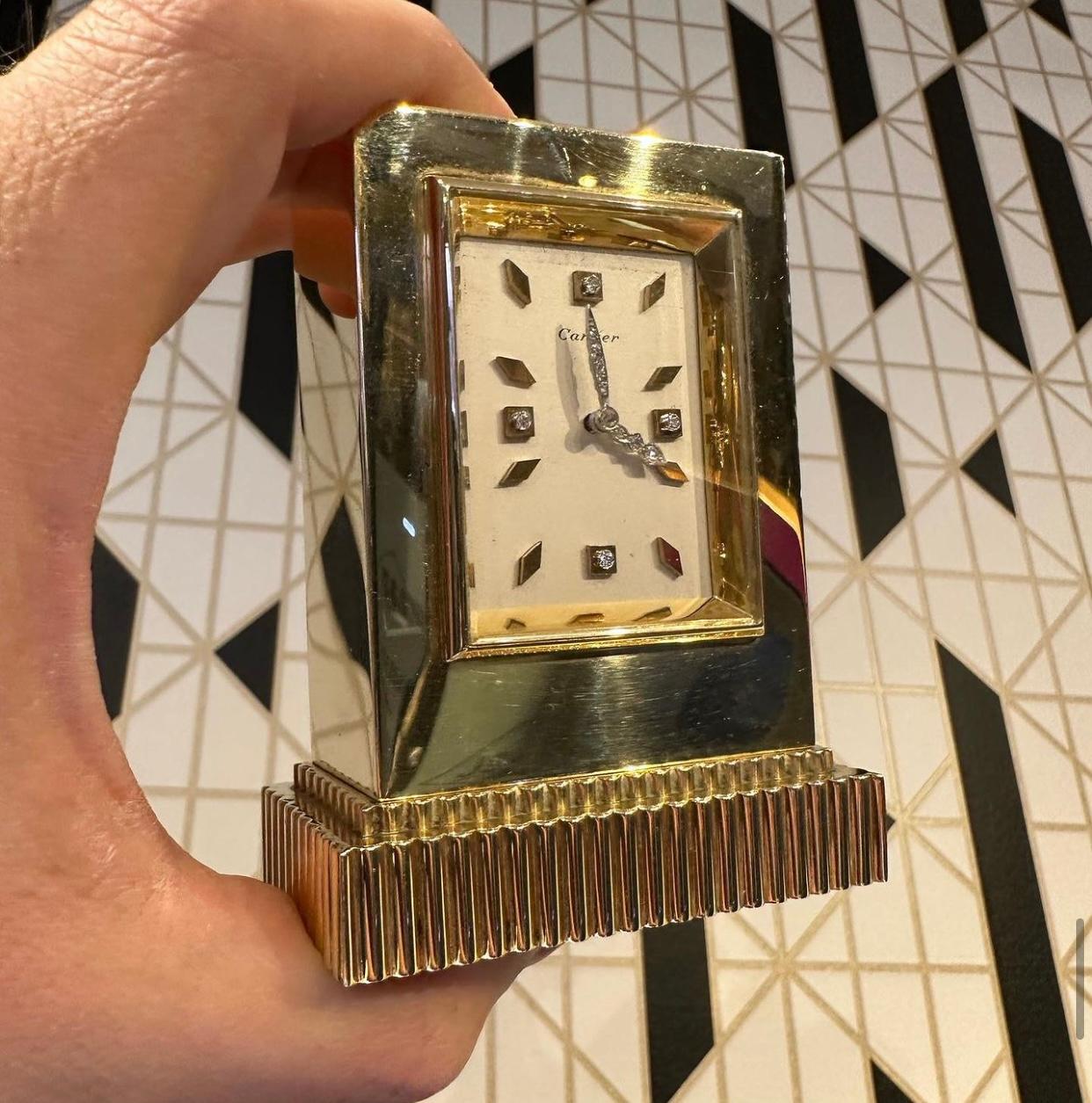 Cartier Gold Desk Clock

A beautifully crafted gold desk clock

The white dial is embellished with diamonds on the hands and at the 3, 6 9, and 12 o'clock markers. 

Signed Cartier

Mechanical movement with manual winding. Accompanied by the