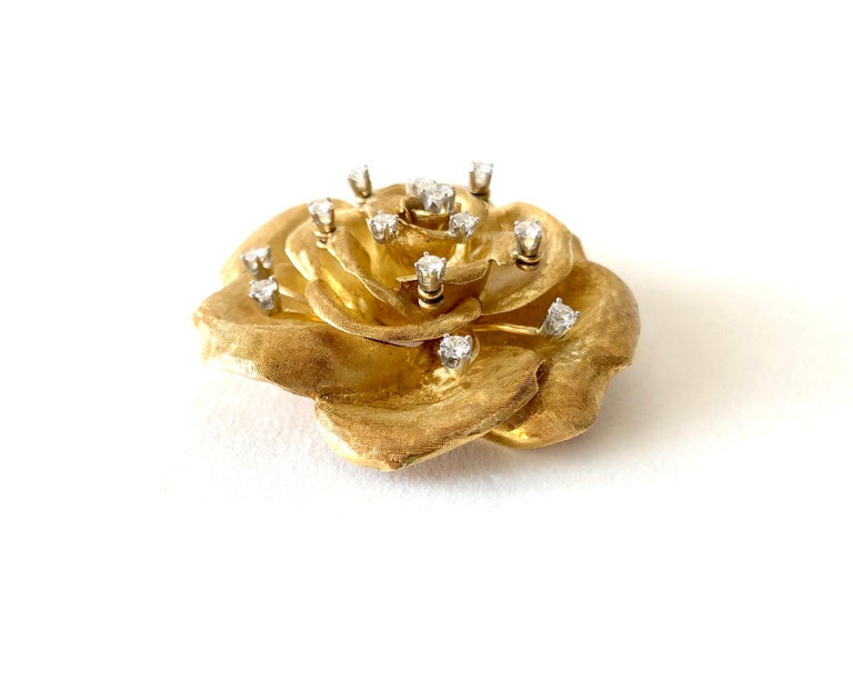 Single Cut Cartier 18K Gold Diamond Rose Flower Brooch and Earrings Set For Sale