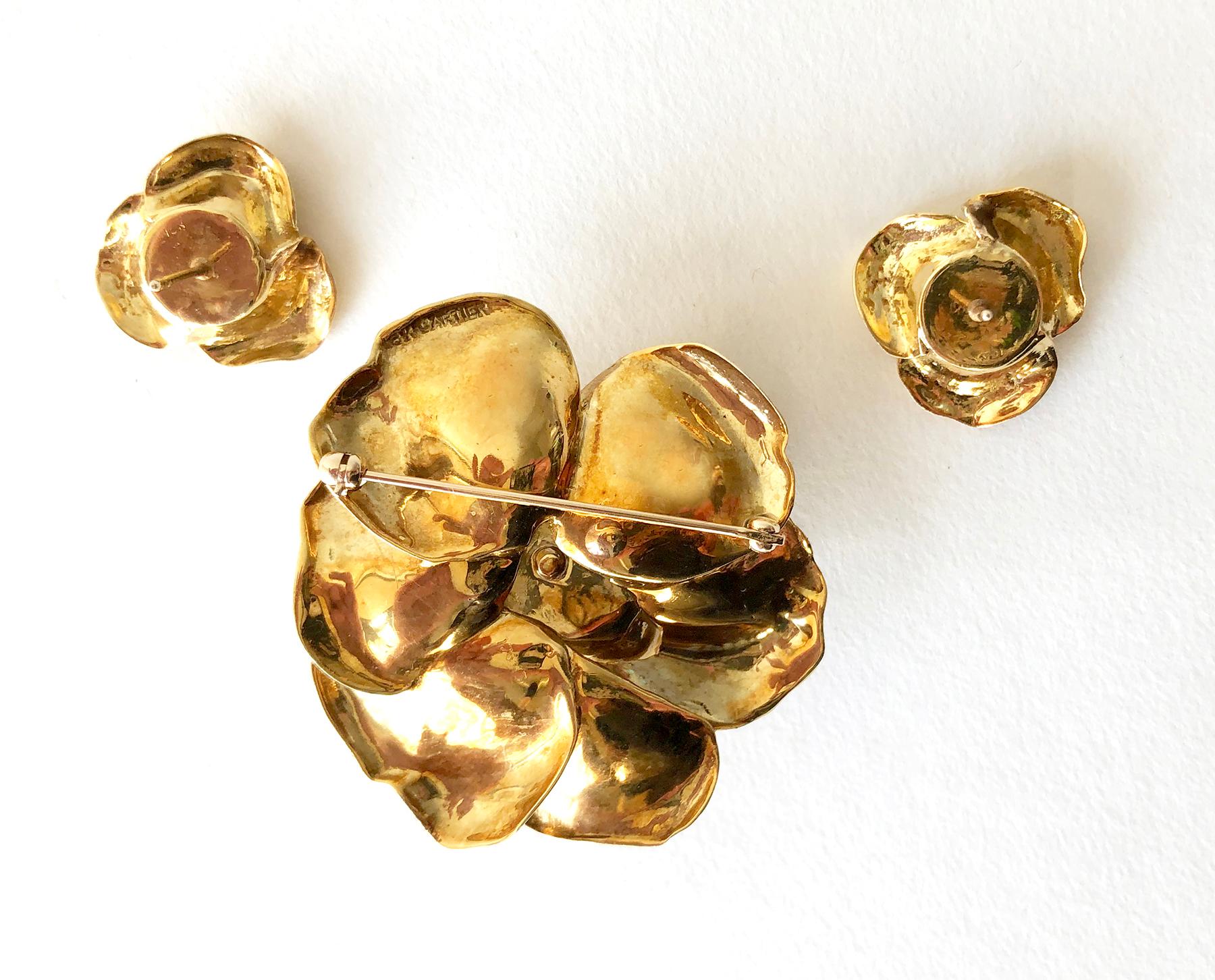 Single Cut Cartier France 18K Gold Diamond Rose Flowering Brooch and Earrings Set For Sale