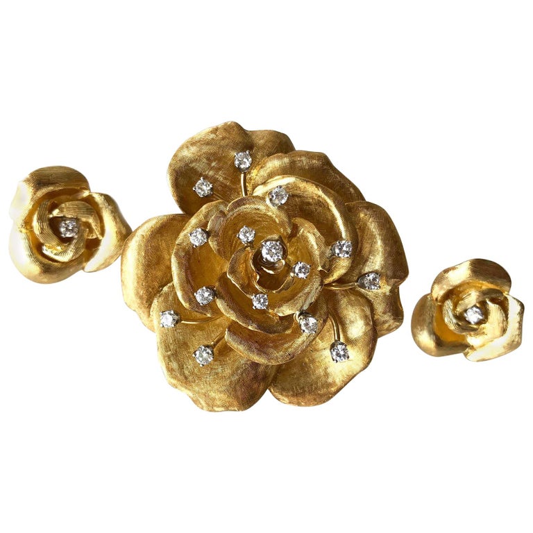 Cartier 18K Gold Diamond Rose Flower Brooch and Earrings Set For Sale