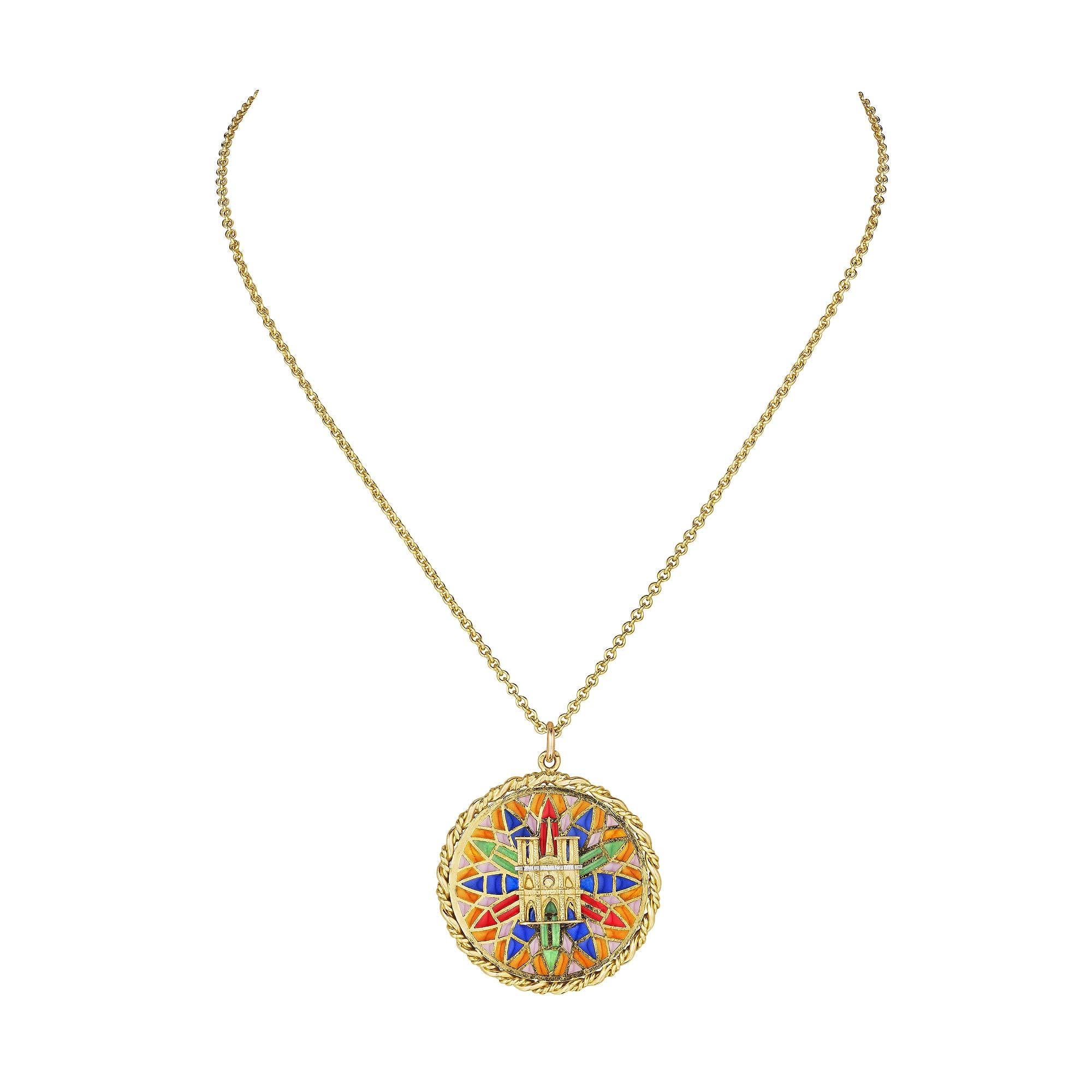 Modernist Cartier Gold Enamel Vintage Notre Dame Charm Pendant Necklace