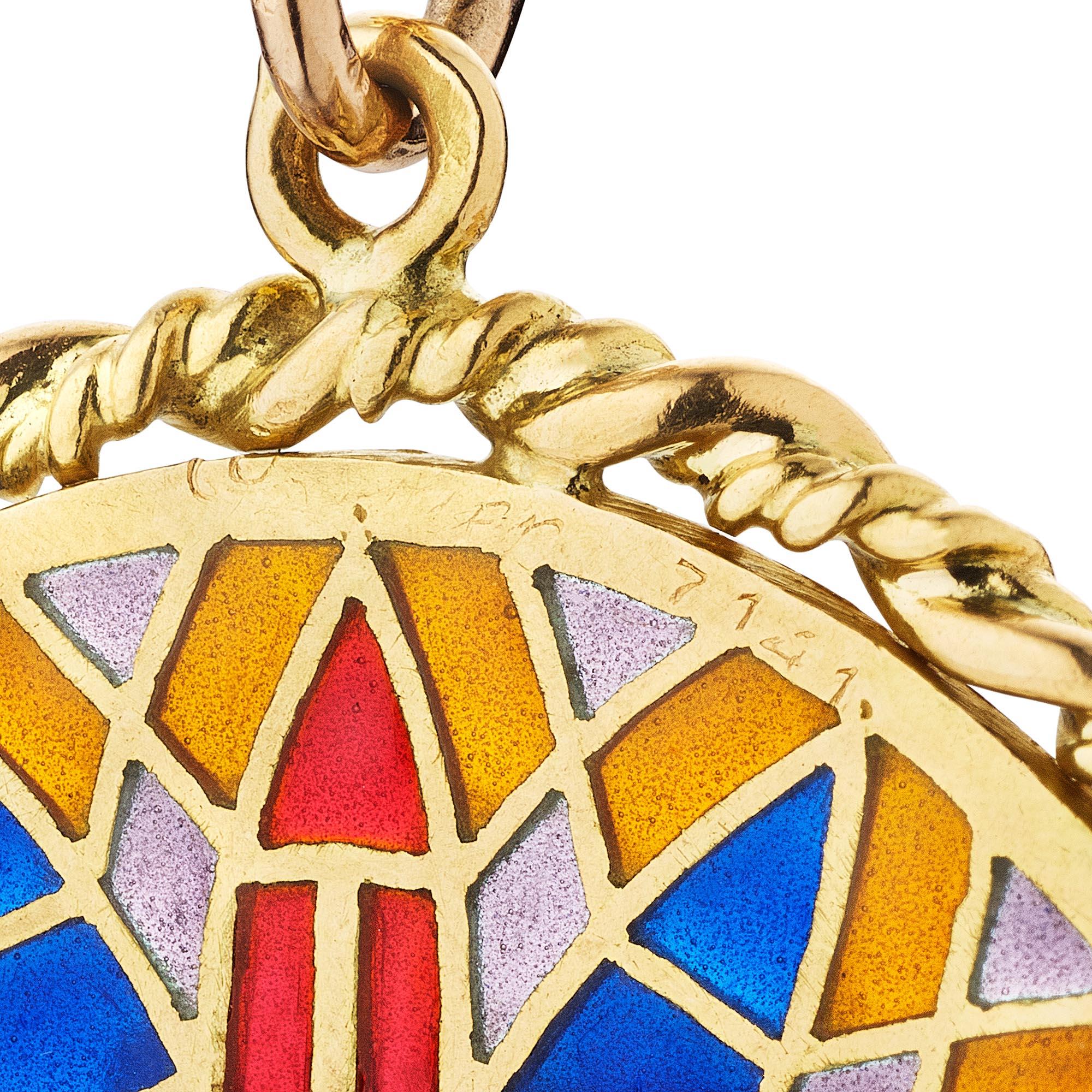 Cartier Gold Enamel Vintage Notre Dame Charm Pendant Necklace In Excellent Condition In Greenwich, CT