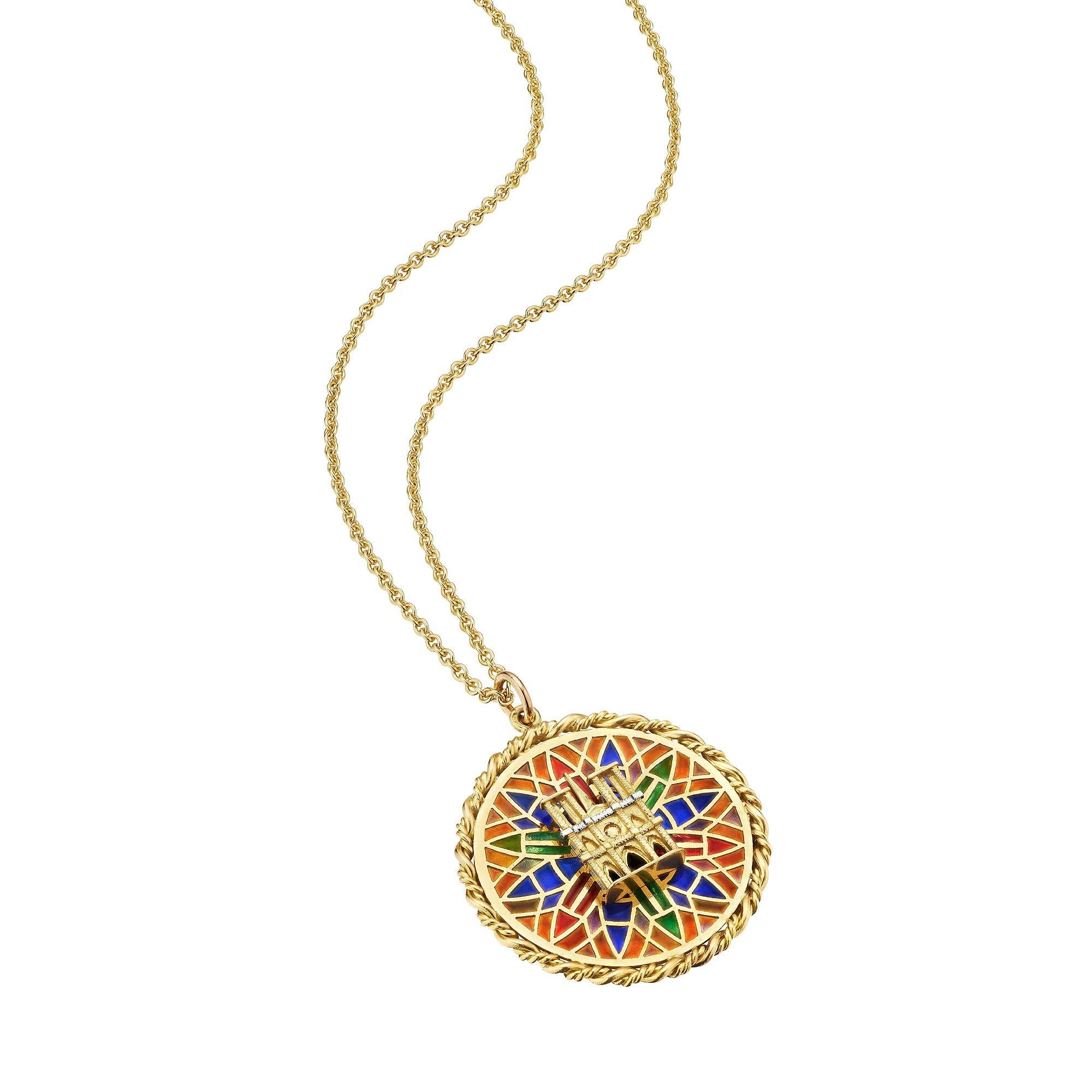 Women's or Men's Cartier Gold Enamel Vintage Notre Dame Charm Pendant Necklace