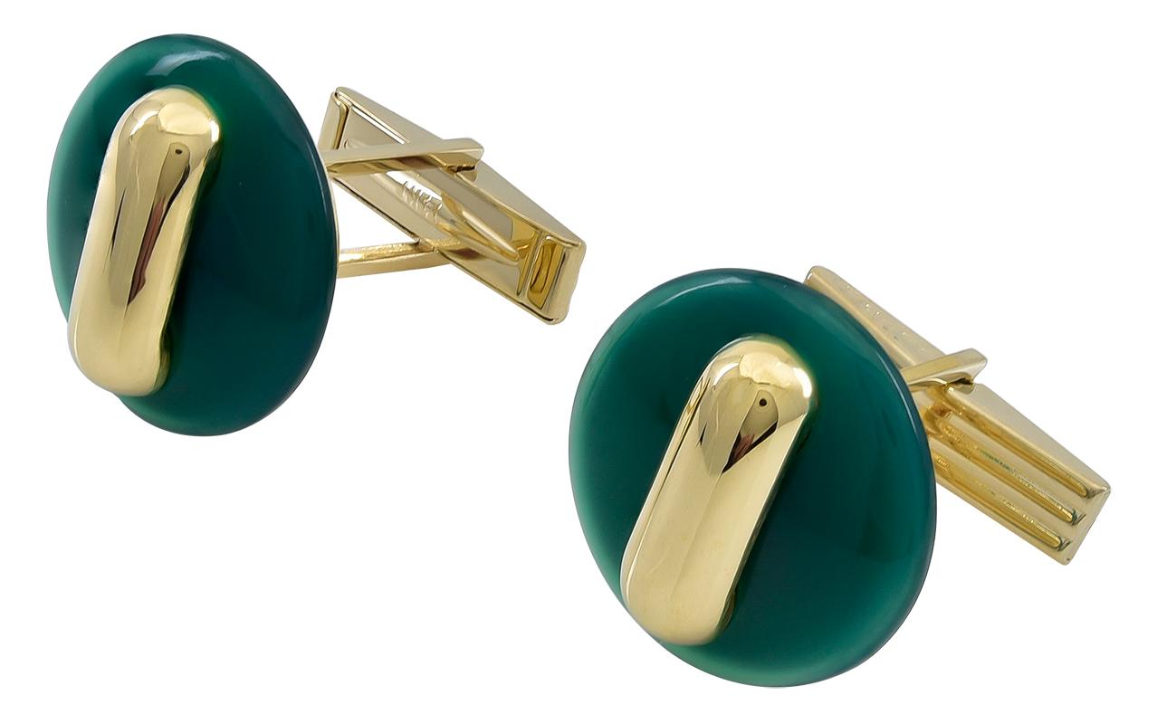 Striking geometric cufflinks.  Made and signed by CARTIER.  18K yellow gold set with lush apple green jade and a gold accent bar.  2/3