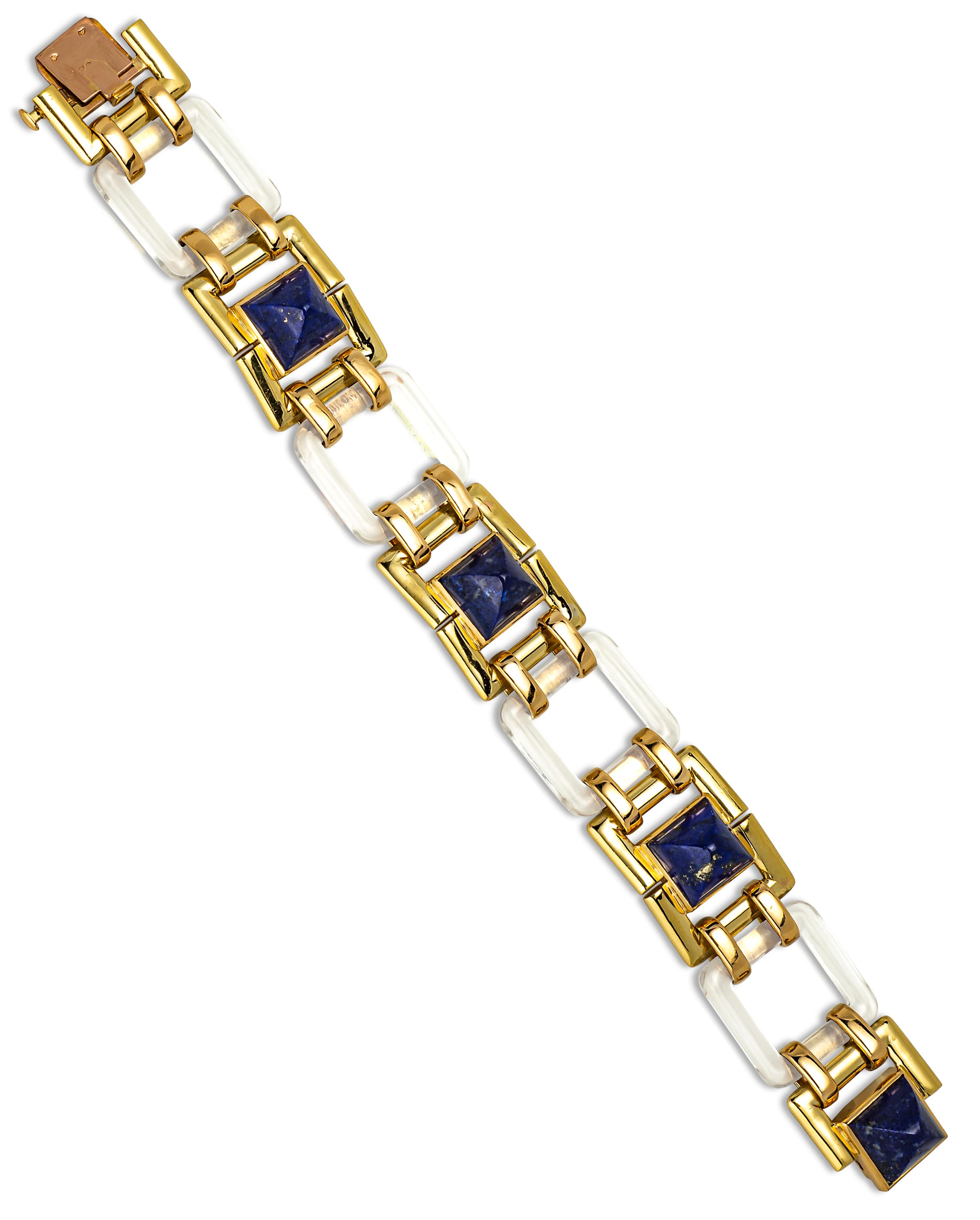18K Gold Lapis and Rock Crystal Bracelet; Cartier, Paris; No.02533; Circa 1940
with original fitted box  