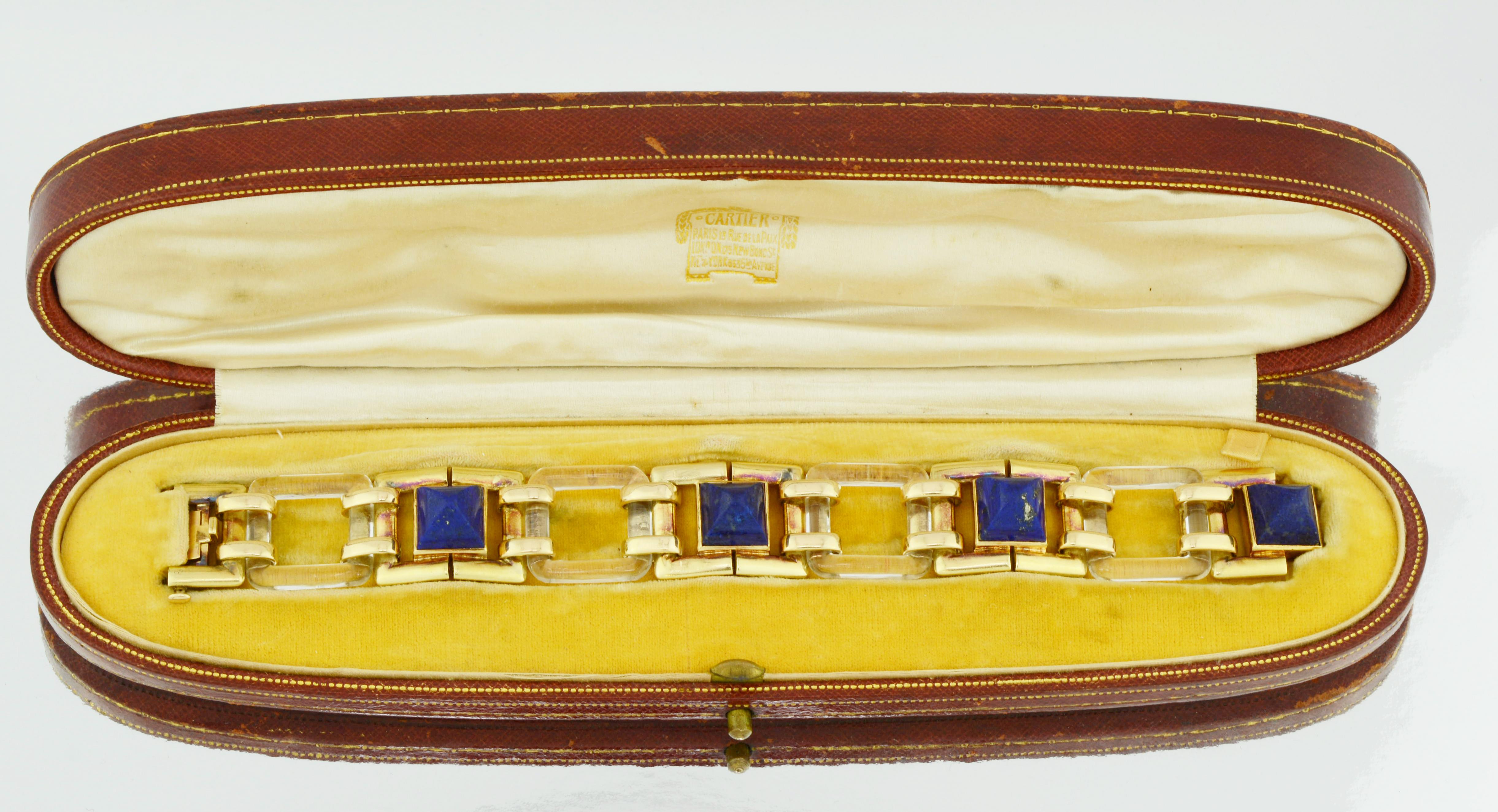 Sugarloaf Cabochon Cartier Gold Lapis and Rock Crystal Bracelet, Circa 1940 For Sale