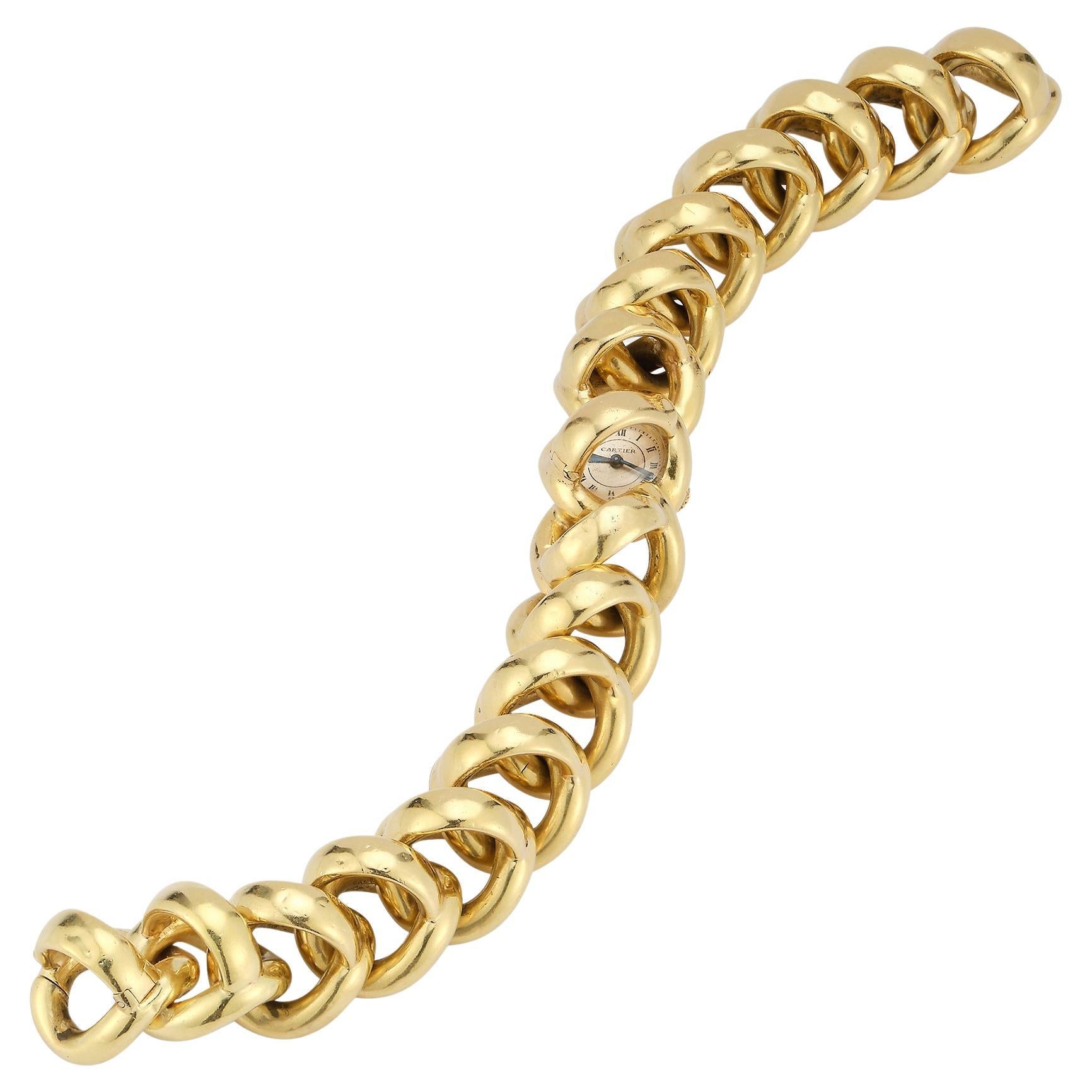 Cartier Yellow Gold Classic Tank Watch on Gold Woven Link Bracelet at