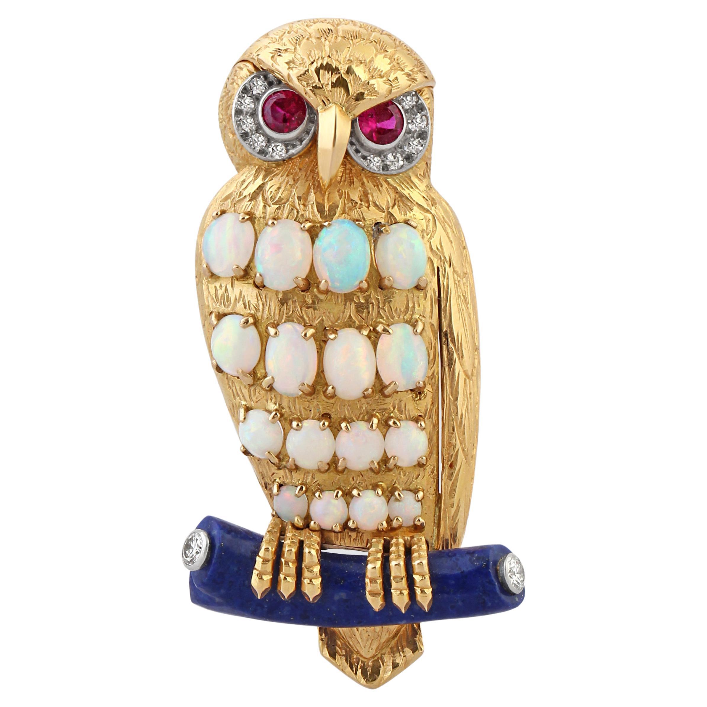 Cartier, Gold, Opal & Lapis Lazuli Owl Brooch