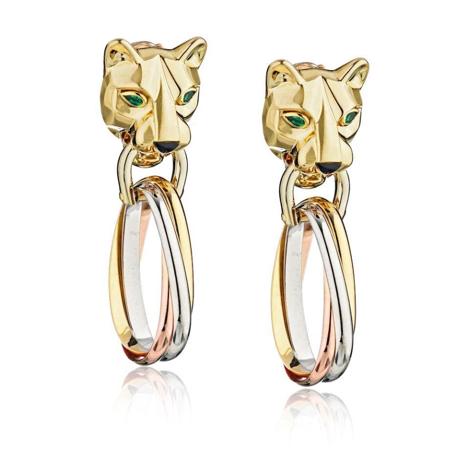 Cartier Gold Panther Clip-On Emerald Eyes Onyx Nose Drop Earrings In Excellent Condition In New York, NY