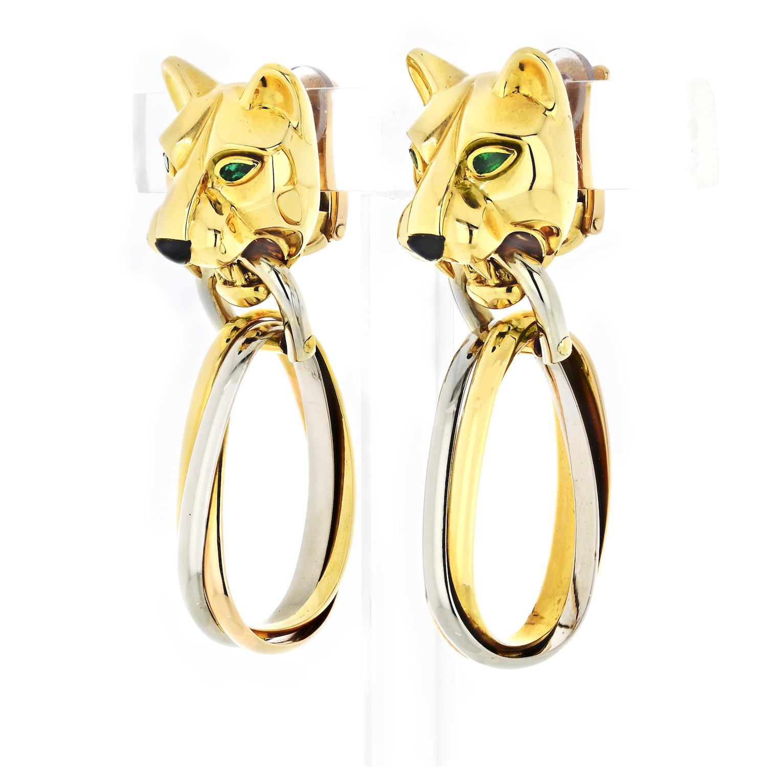 Cartier Gold Panther Clip-On Emerald Eyes Onyx Nose Drop Earrings 3