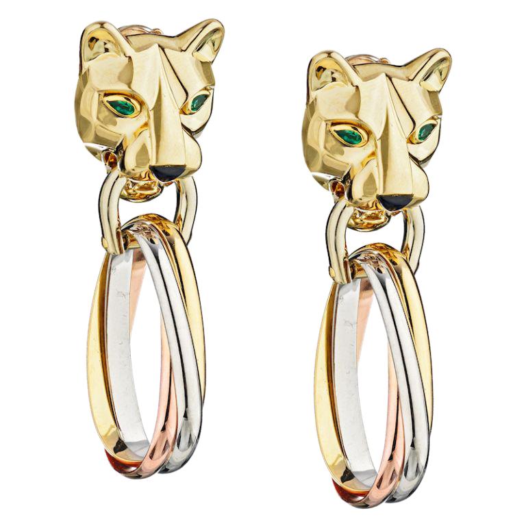 Cartier Gold Panther Clip-On Emerald Eyes Onyx Nose Drop Earrings