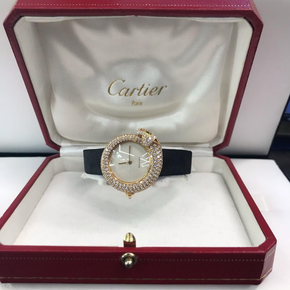 Cartier Gold Panther Diamant Smaragd Pave Lederarmband 2309 Uhr (Moderne)