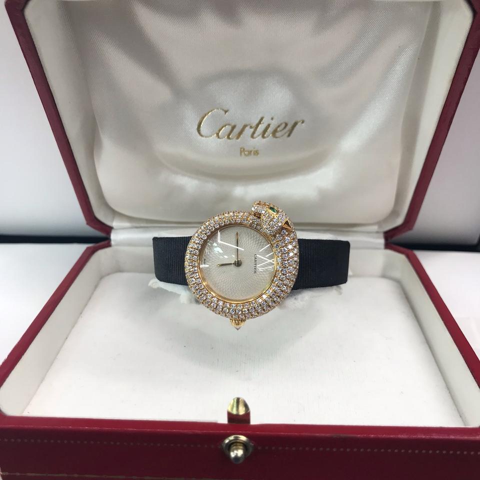 Cartier Gold Panther Diamant Smaragd Pave Lederarmband 2309 Uhr im Zustand „Hervorragend“ in New York, NY
