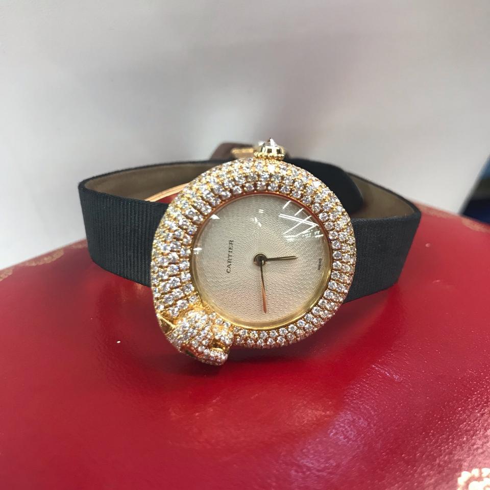 Cartier Gold Panther Diamant Smaragd Pave Lederarmband 2309 Uhr 1