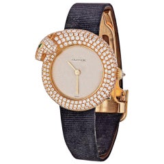 Montre Cartier Panthère Or Diamant Emeraude Pavé Bracelet Cuir 2309