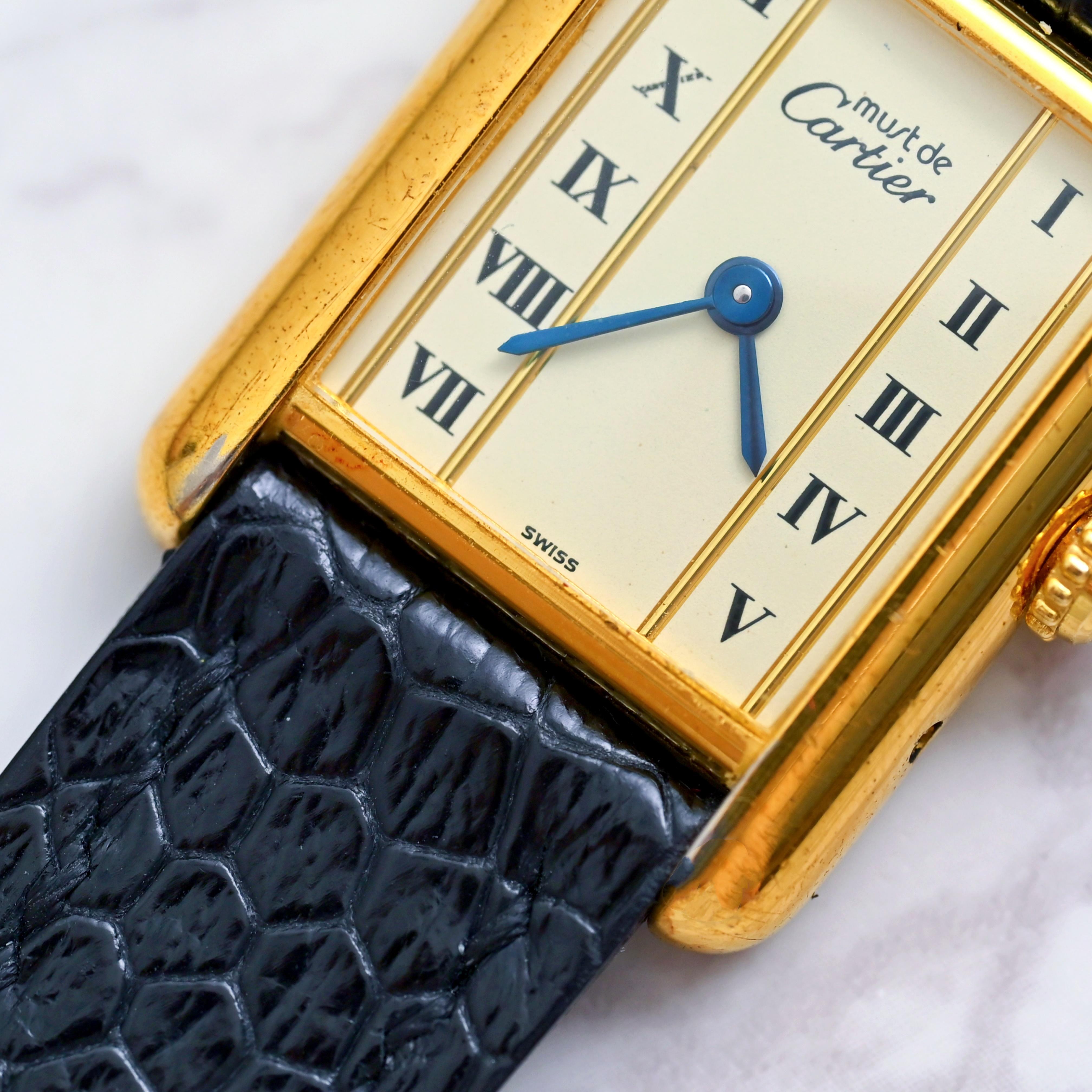 Cartier Gold Plated Must de Tank Vermeil 5057001 Roman Indexes Quartz, 1980's In Good Condition For Sale In Central & Western District, HK