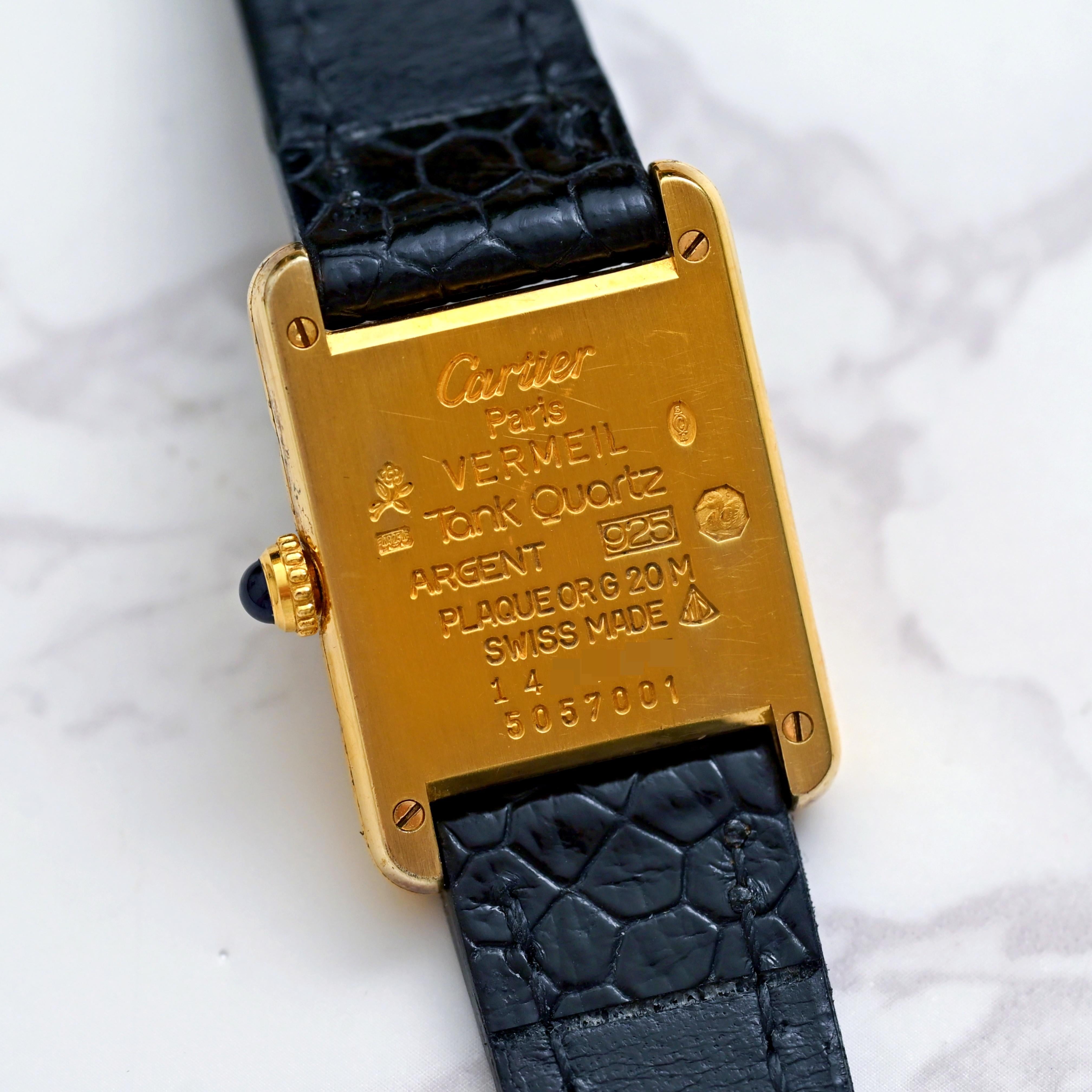 Women's or Men's Cartier Gold Plated Must de Tank Vermeil 5057001 Roman Indexes Quartz, 1980's For Sale