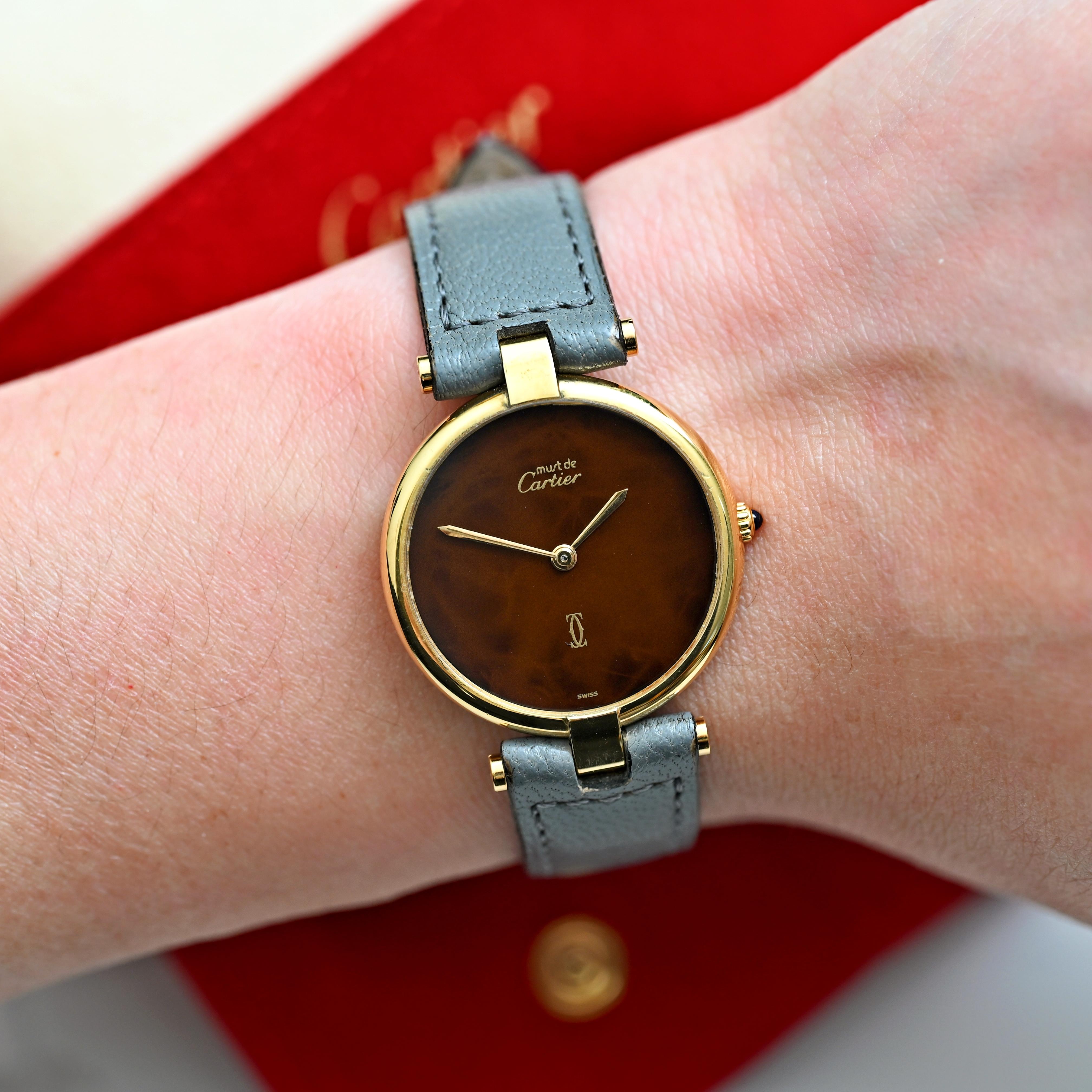 Cartier Gold Plated Must de Vermeil Brown Dial Quartz w/Service Paper, 1980-90's For Sale 3