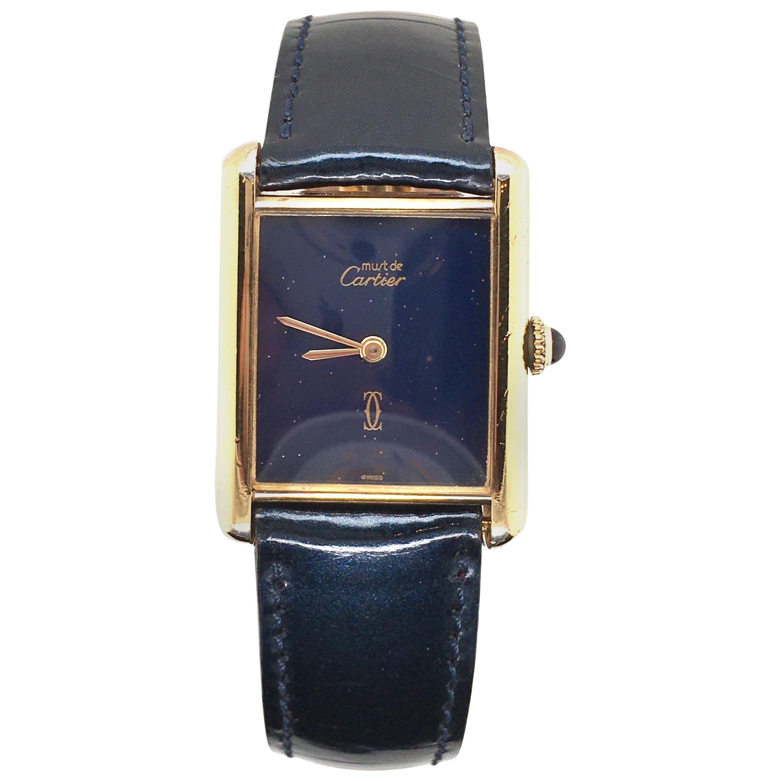 Cartier Gold-Plated Sterling Silver and Lapis Lazuli Tank Watch