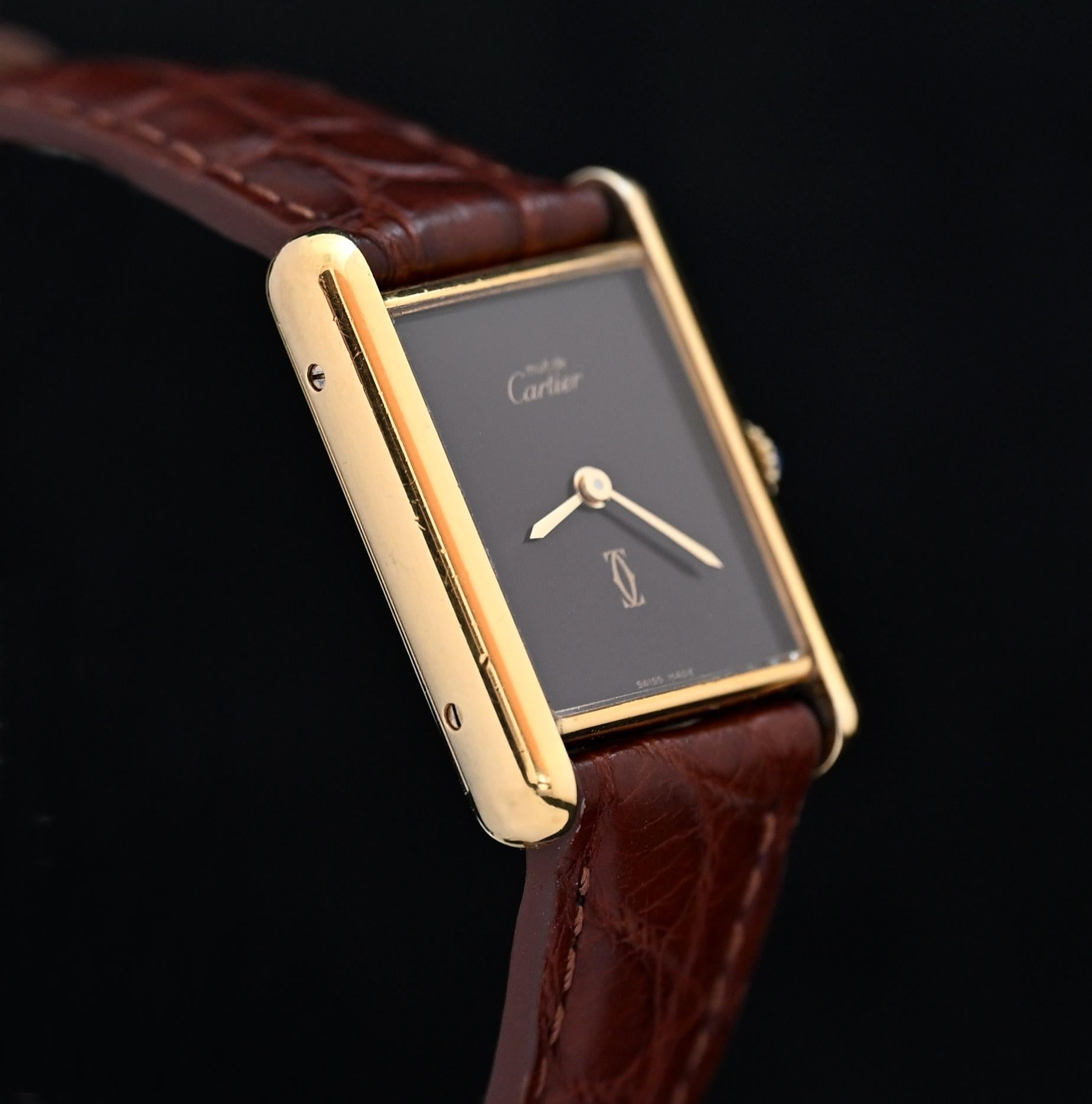 Women's or Men's Cartier Gold Plated Tank Must de Cartier Burgundy Dial Manual Wind, 1981's