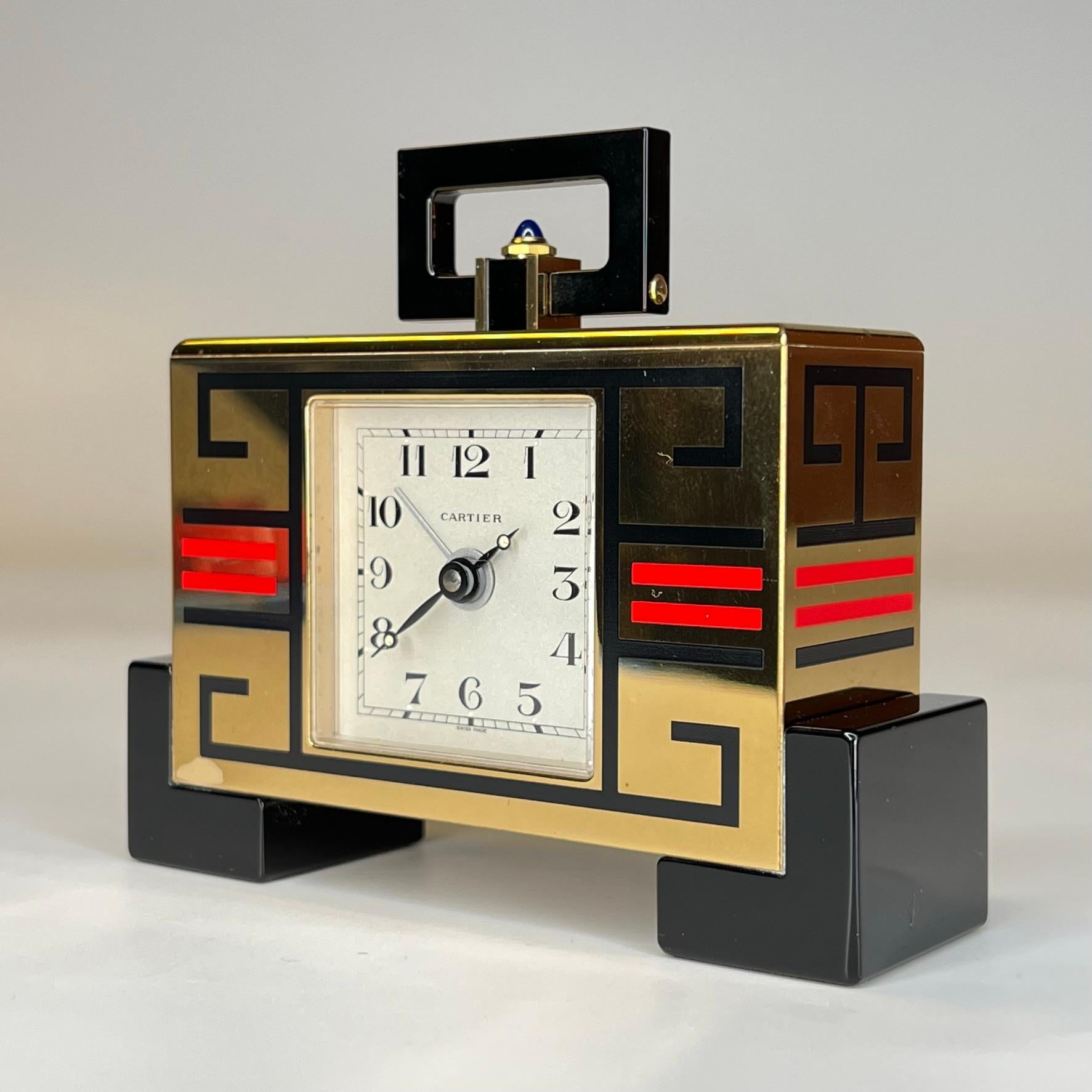 Brass Cartier Gold-Plated Travel Clock in Art Deco Style, circa 1990