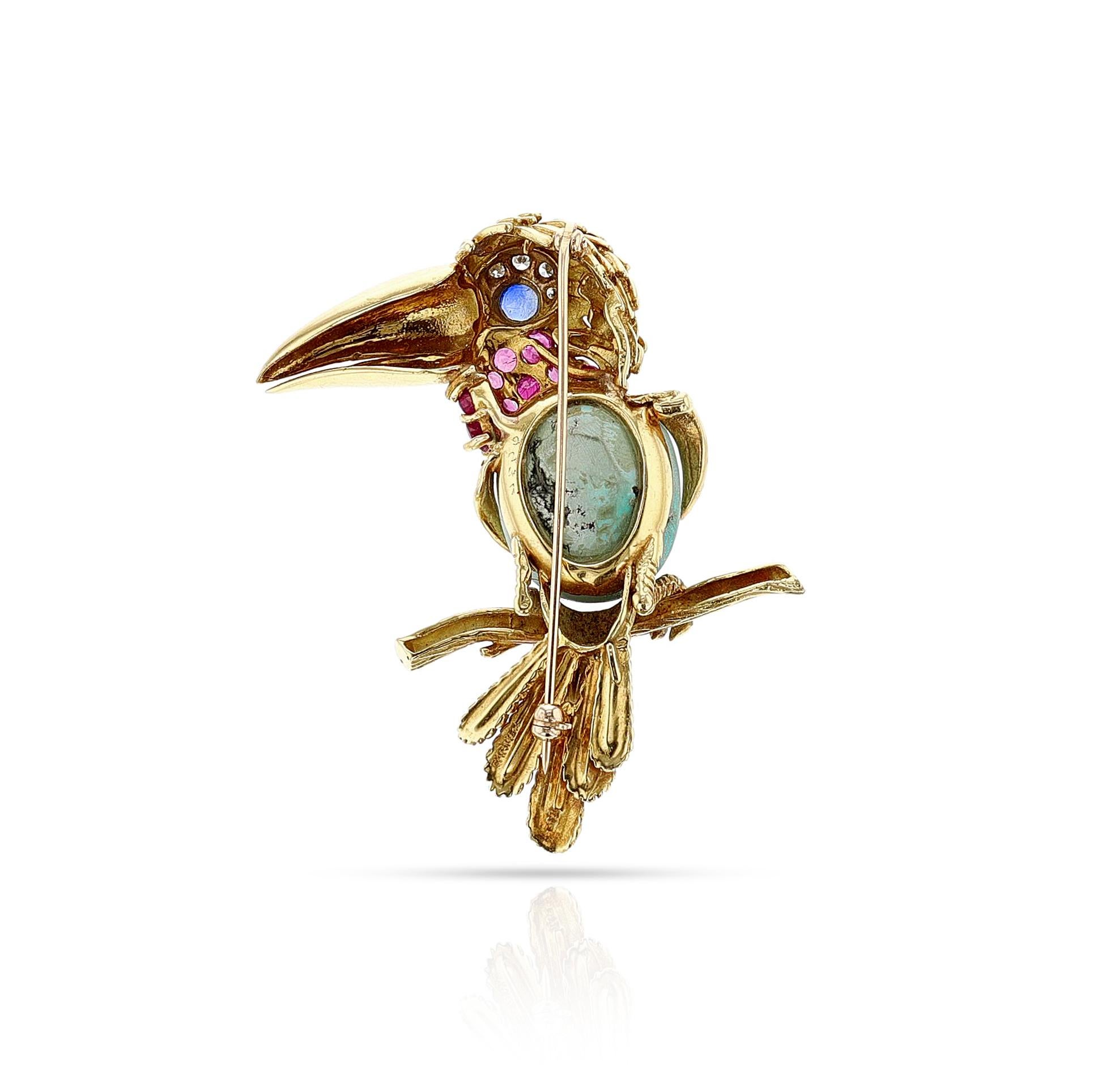 Round Cut Cartier Gold, Platinum, Turquoise, Ruby, Sapphire and Diamond Toucan Brooch For Sale