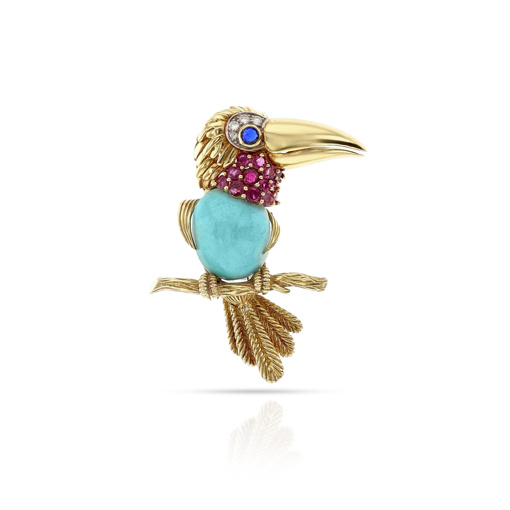 Cartier Gold, Platinum, Turquoise, Ruby, Sapphire and Diamond Toucan Brooch In Excellent Condition For Sale In New York, NY