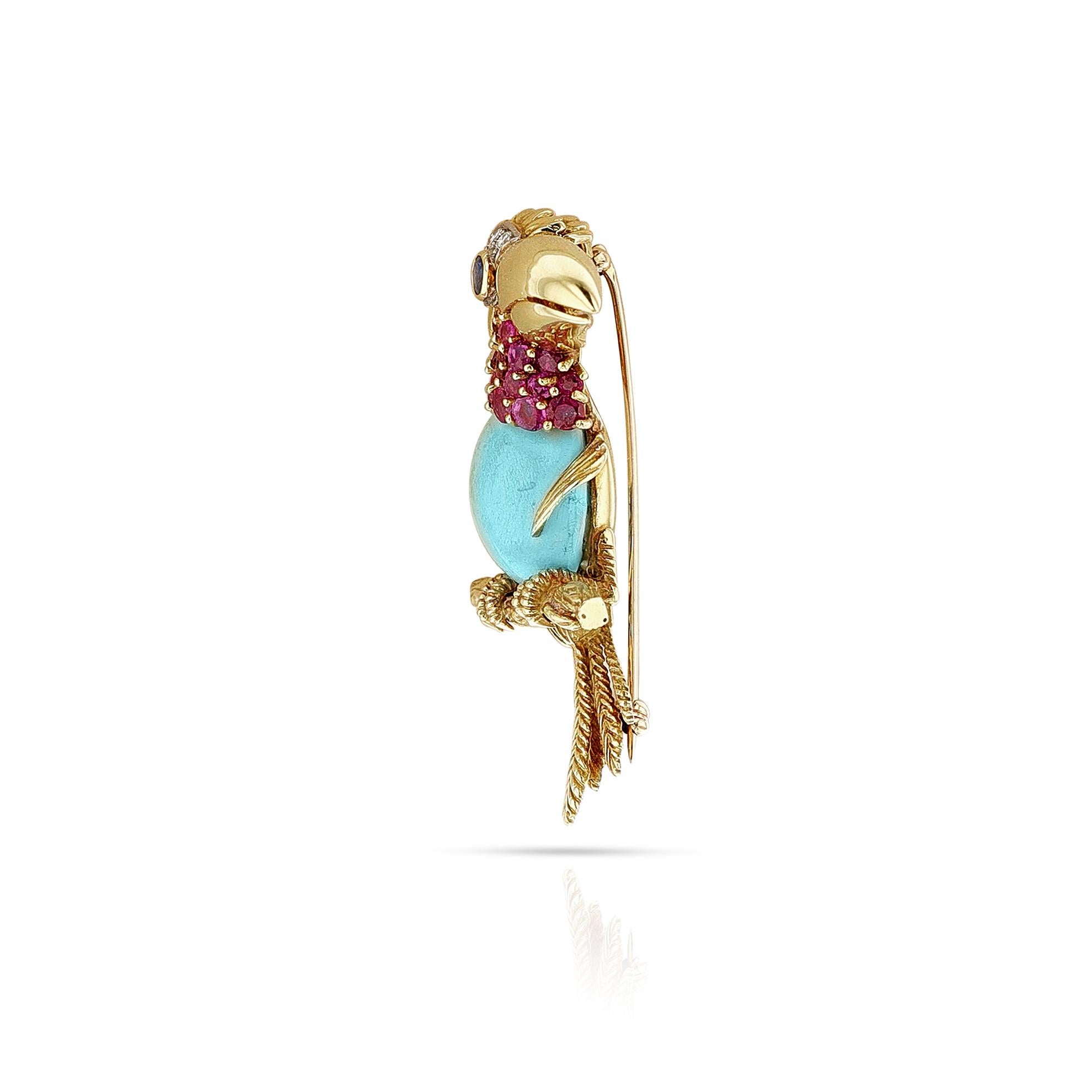 Broche Toucan en or, platine, turquoise, rubis, saphir et diamants de Cartier Unisexe en vente