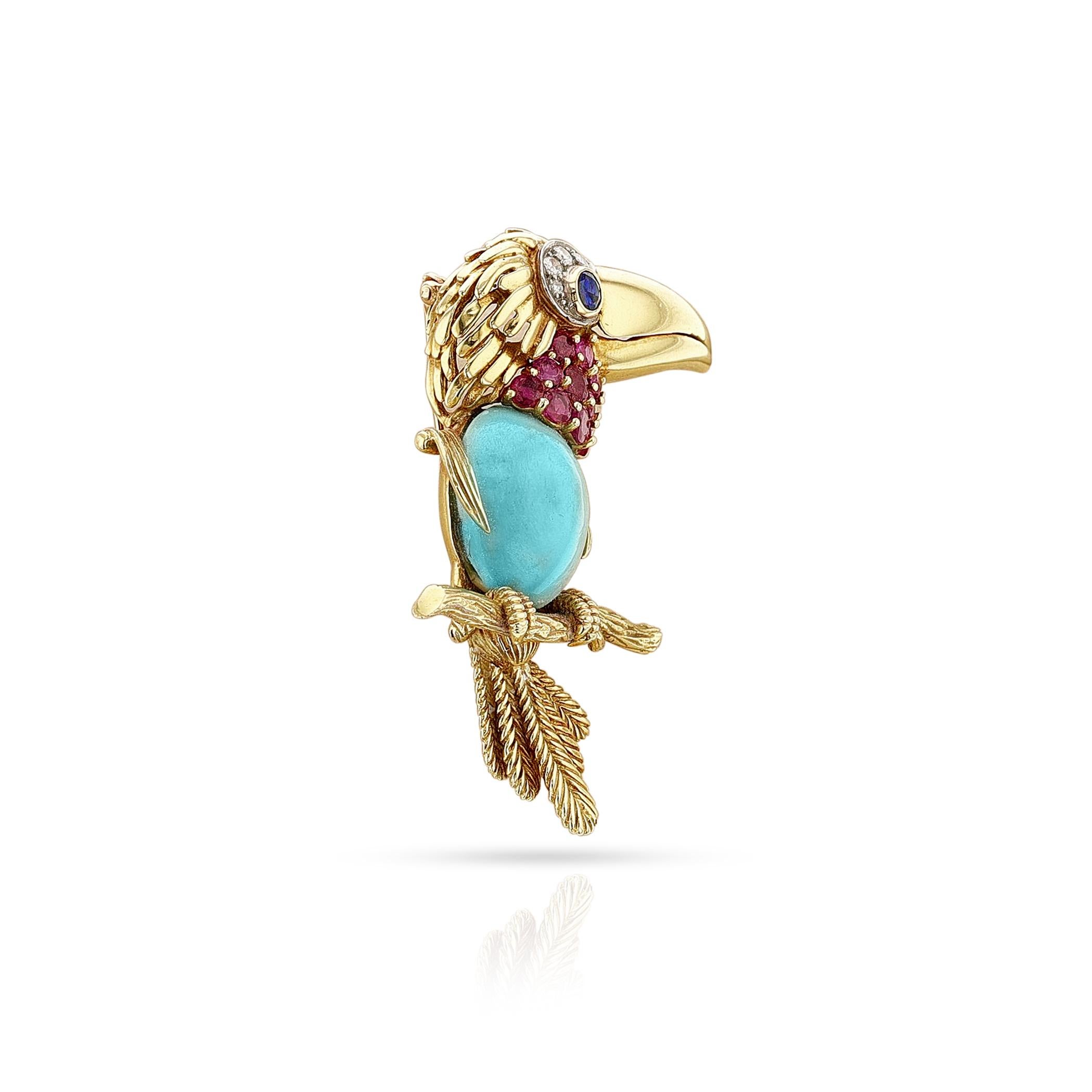 Broche Toucan en or, platine, turquoise, rubis, saphir et diamants de Cartier en vente 1