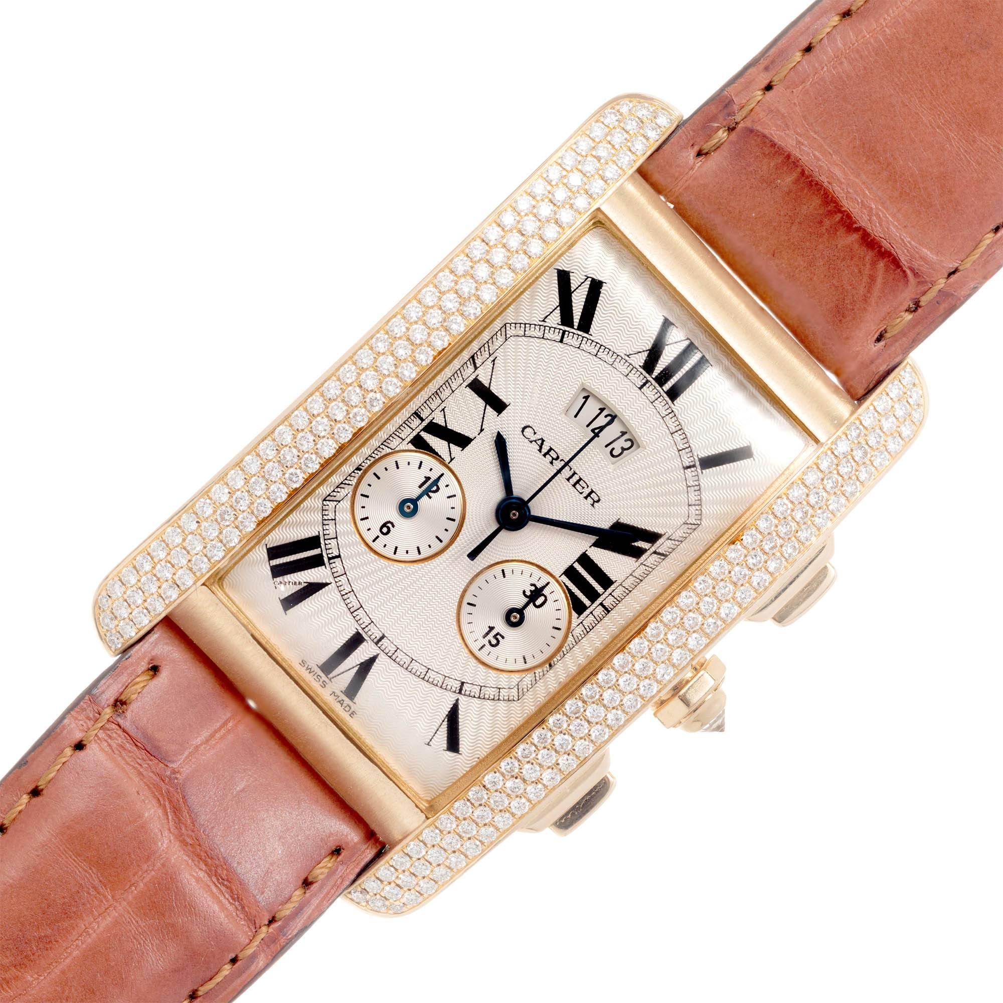 Cartier Tank Americane Model 2568  large size 18k yellow gold wrist watch with factory diamond bezel. Chronograph function shows elapsed seconds, minutes and hours. Date wheel set 12 o’clock. Brown Cartier band. Fully adjustable band with Cartier